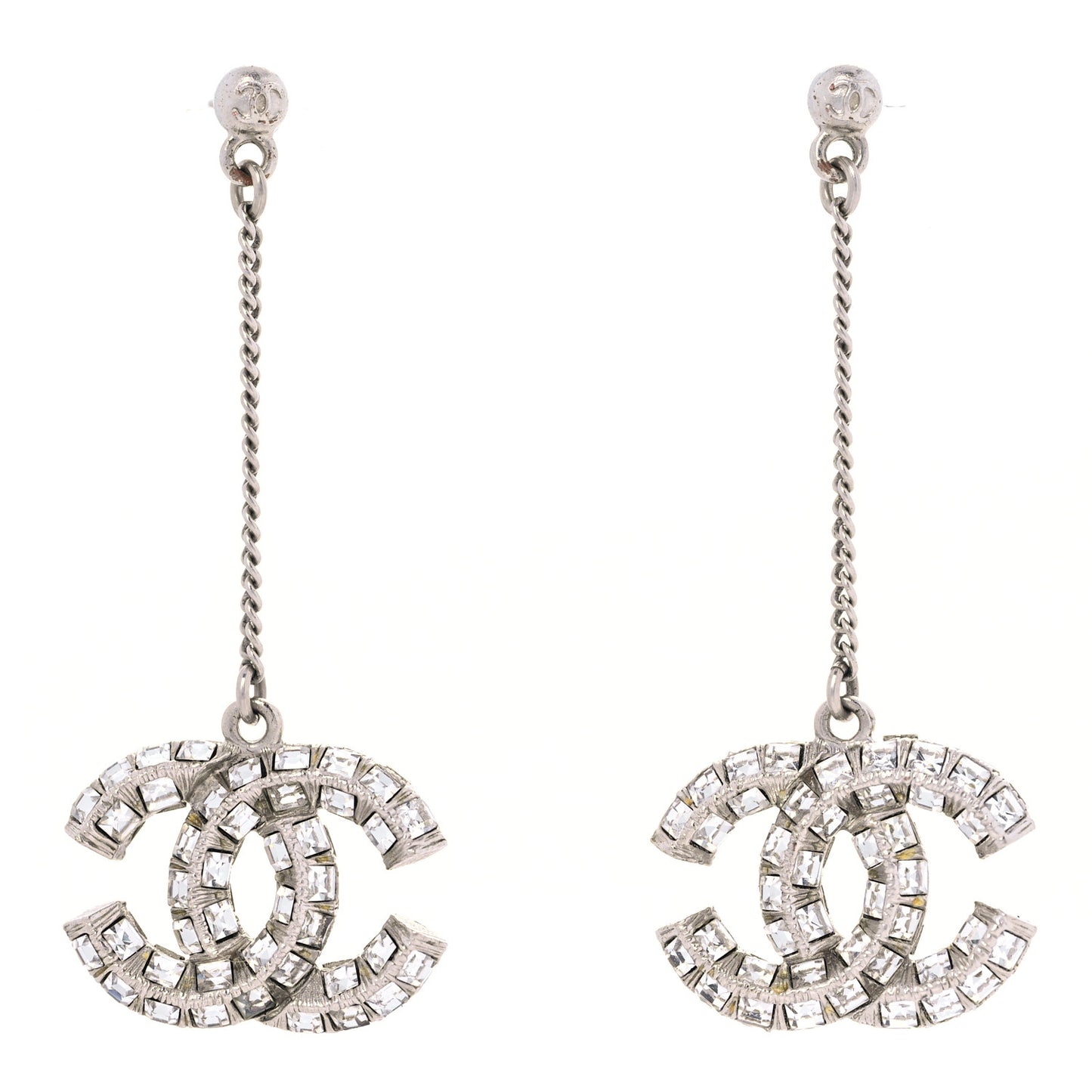 Baguette Crystal CC Drop Earrings Silver