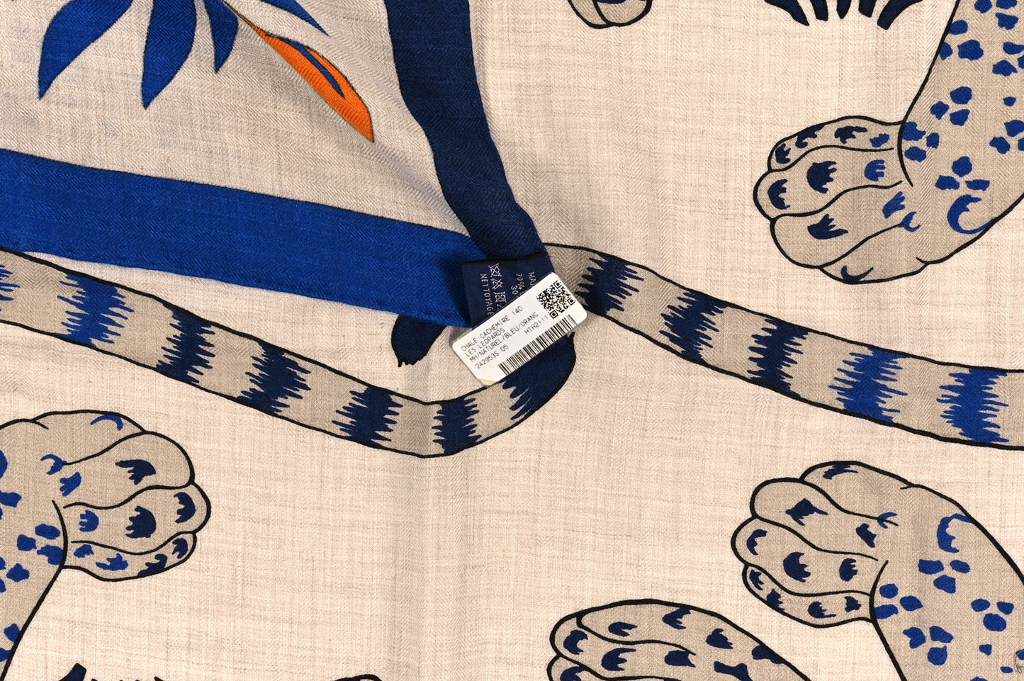 Cashmere Silk Les Leopards Shawl 140 Naturel Bleu Orange