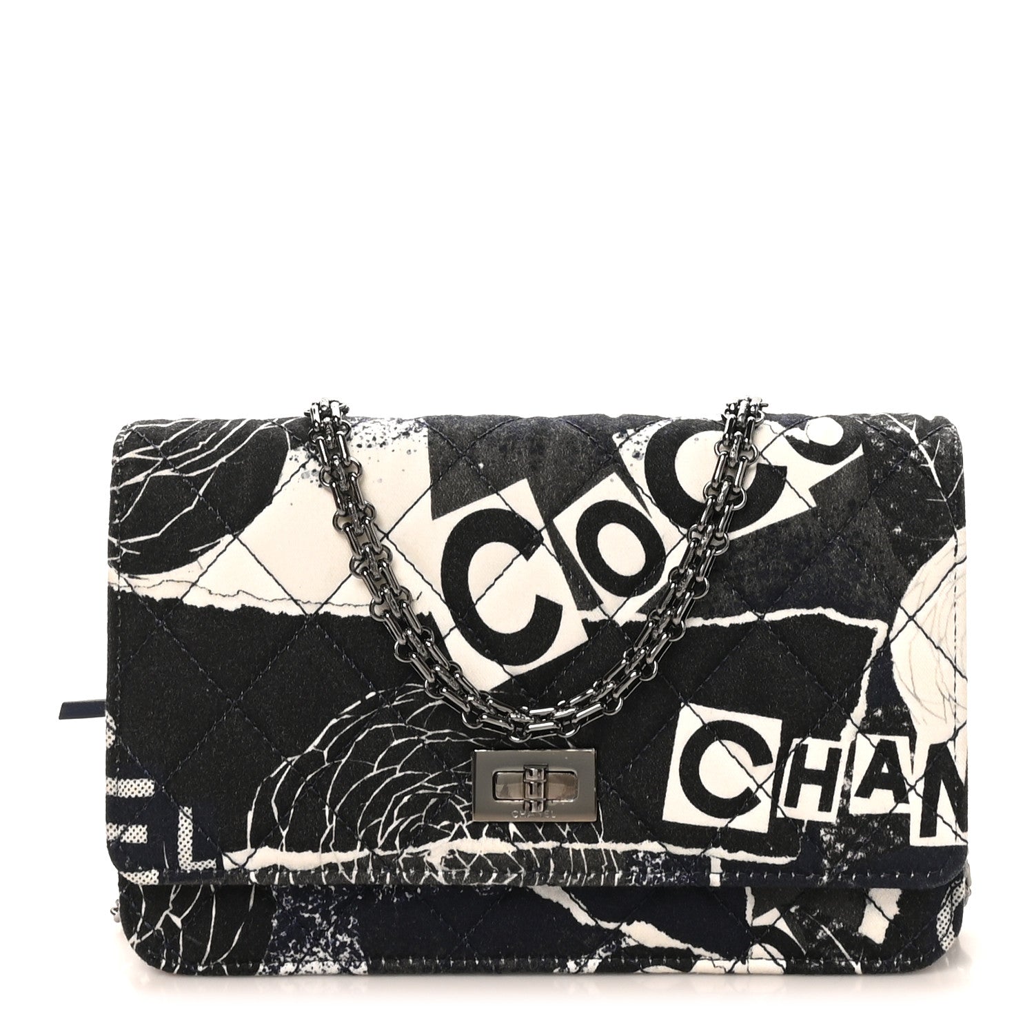 Chanel Canvas Printed Quilted 2.55 Reissue Wallet On Chain WOC White Black Navy Blue 1 of 9