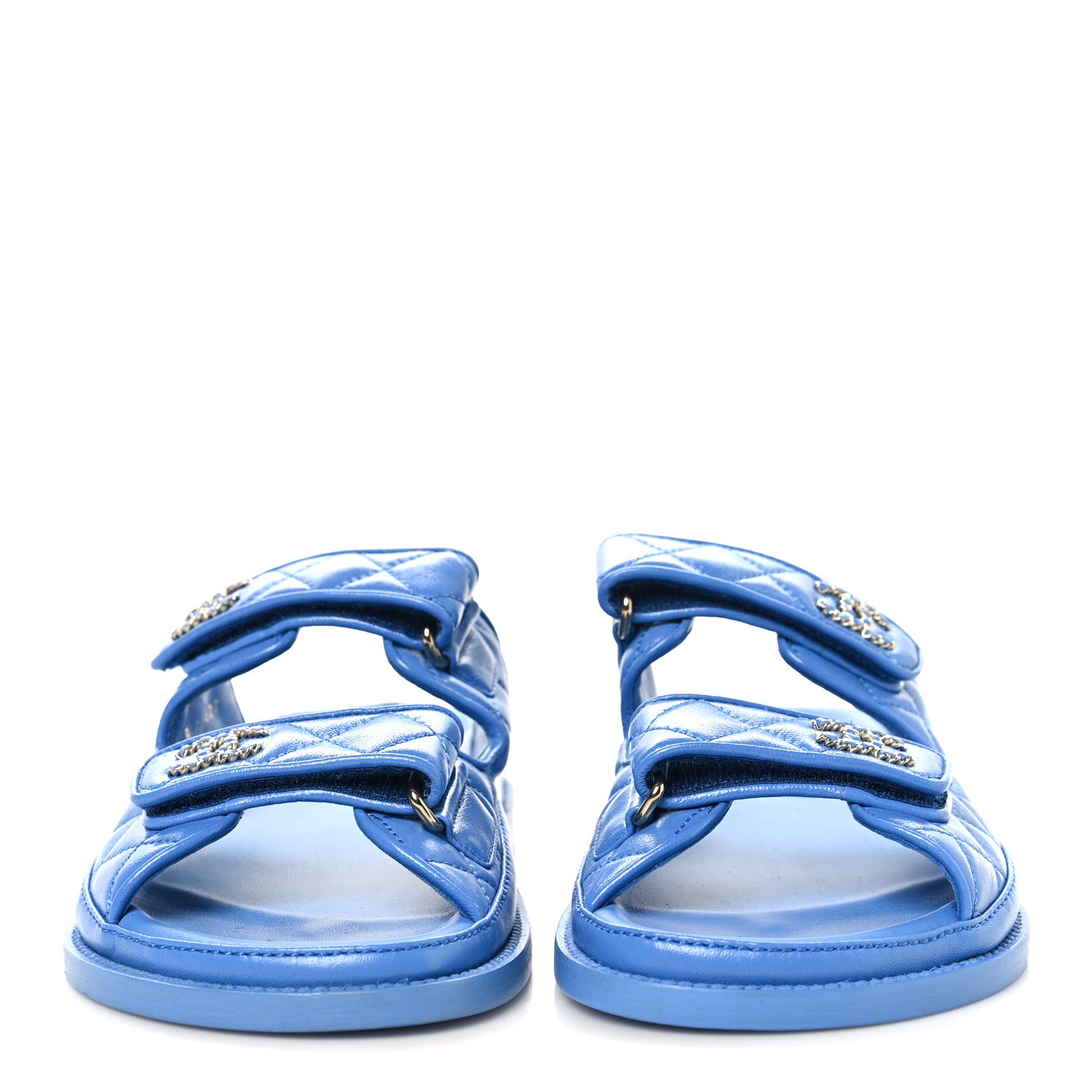 Chanel Lambskin Quilted Velcro Dad Chain CC Slide Sandals 37 Blue 3 of 10