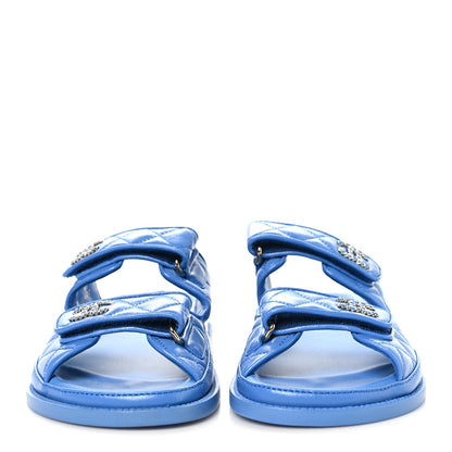 Chanel Lambskin Quilted Velcro Dad Chain CC Slide Sandals 37 Blue 3 of 10