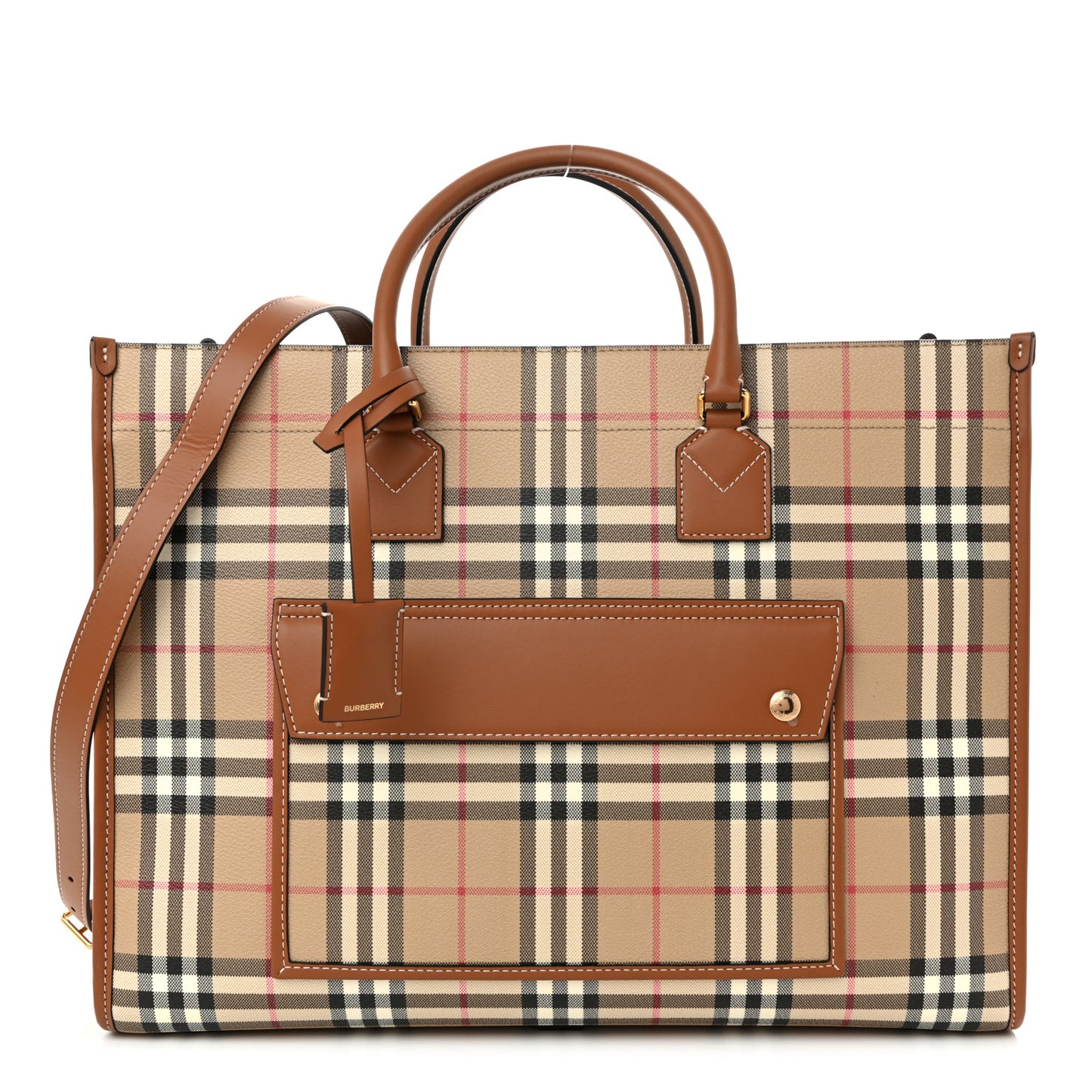 Canvas Vintage Check Calfskin Medium Freya Tote Briar Brown