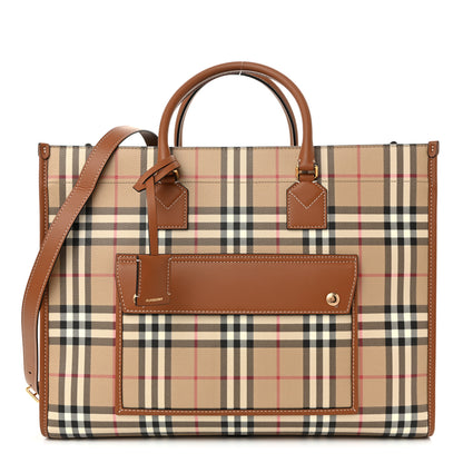 Burberry Canvas Vintage Check Calfskin Medium Freya Tote Briar Brown 1 of 13