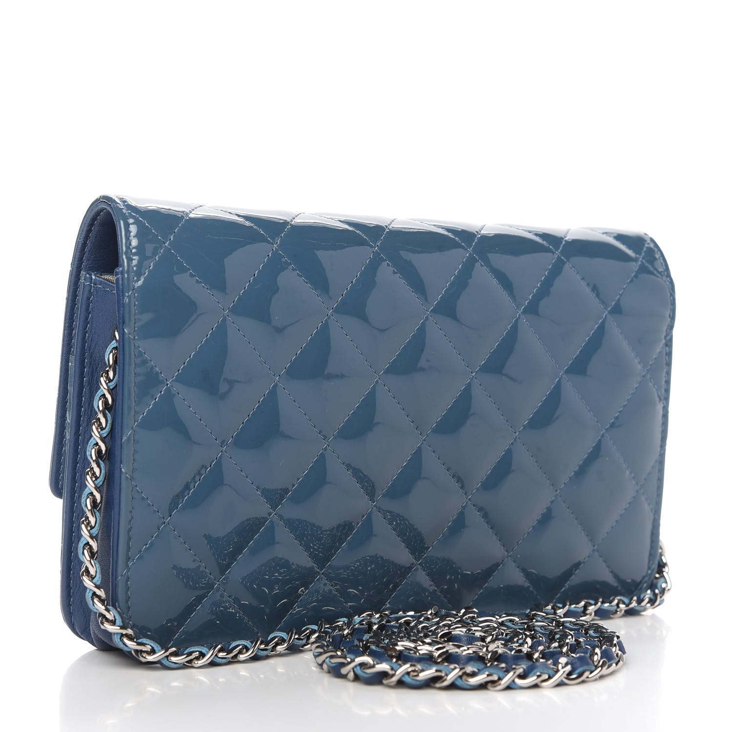 Chanel Patent Quilted Brilliant Wallet On Chain WOC Blue 3 of 12
