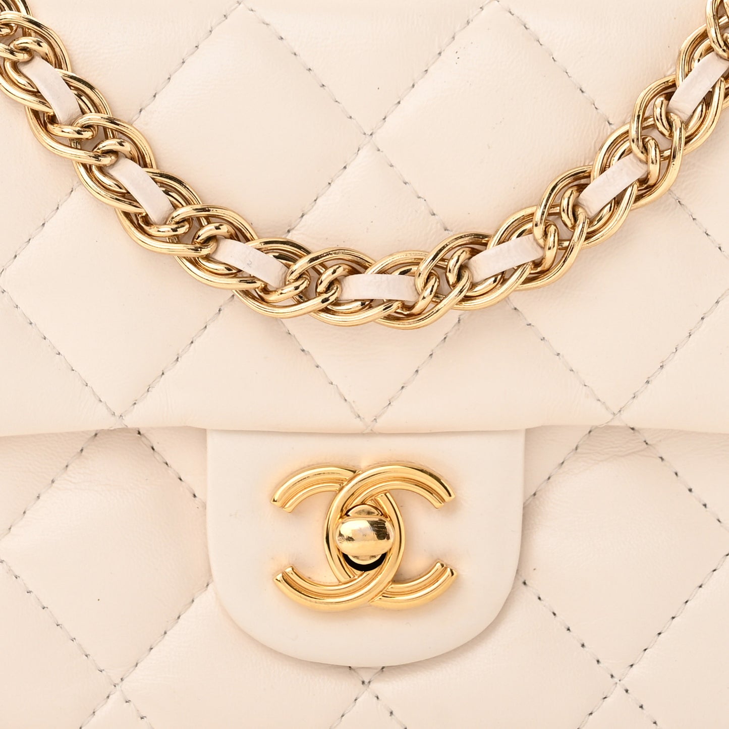 Shiny Lambskin Quilted Golden Links Top Handle Flap White