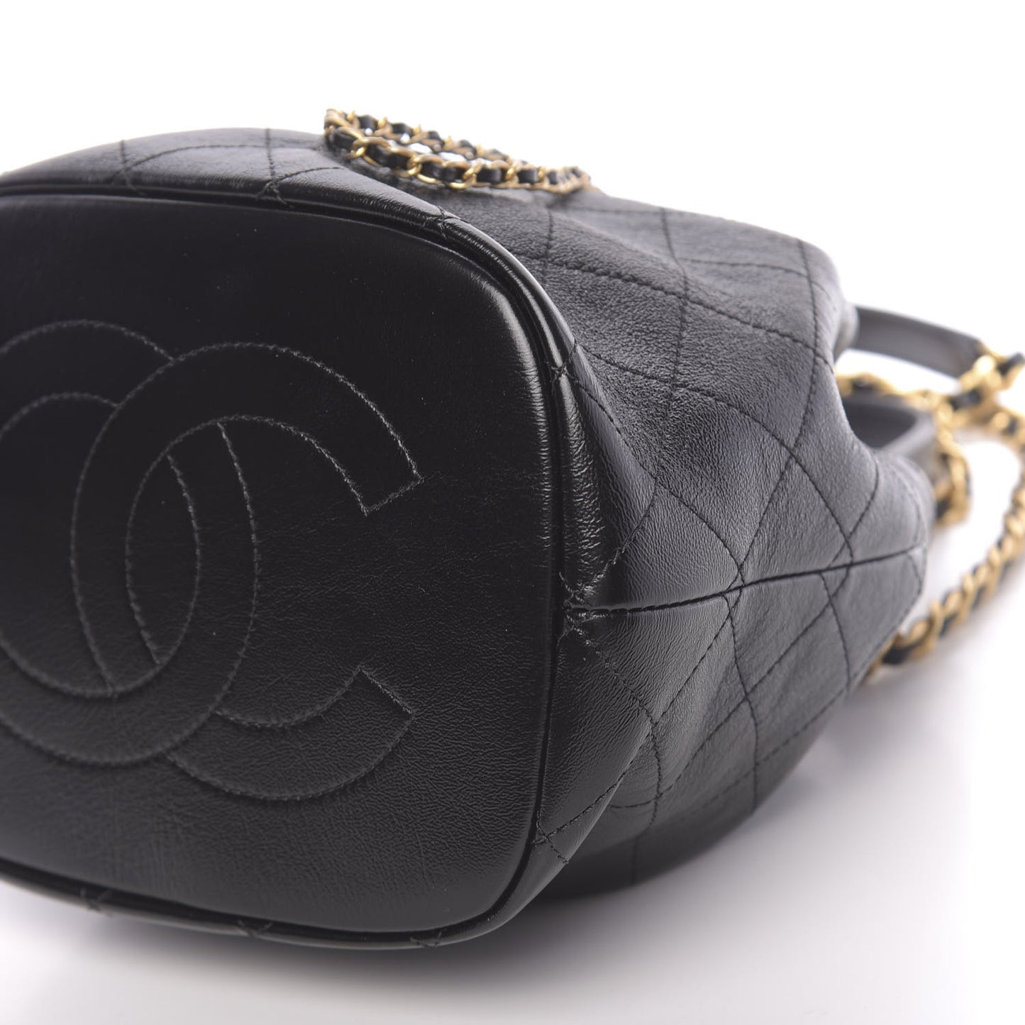 Shiny Lambskin Quilted Drawstring Bag Black