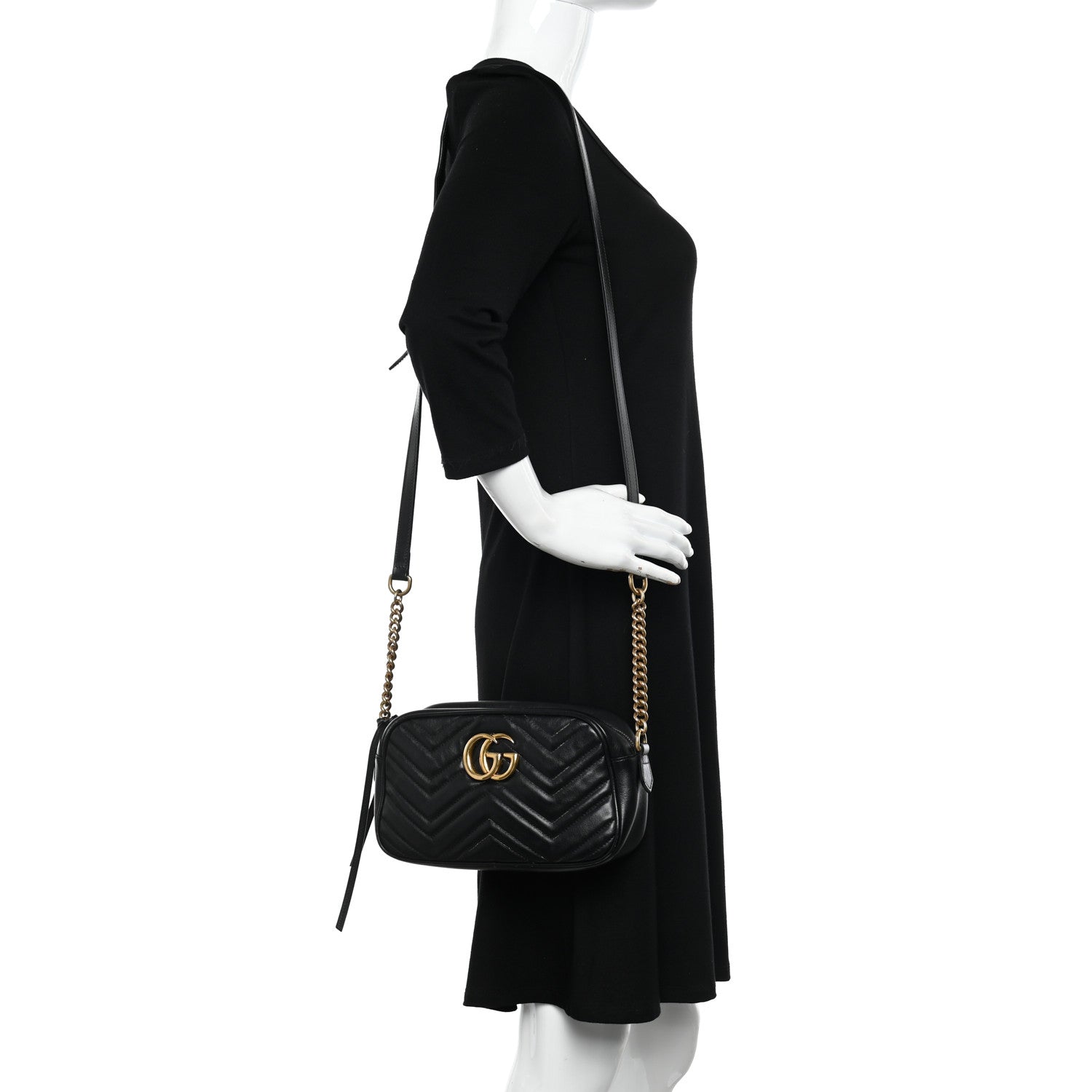 Gucci Calfskin Matelasse Small GG Marmont Chain Shoulder Bag Black 2 of 14