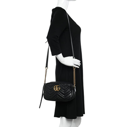 Gucci Calfskin Matelasse Small GG Marmont Chain Shoulder Bag Black 2 of 14