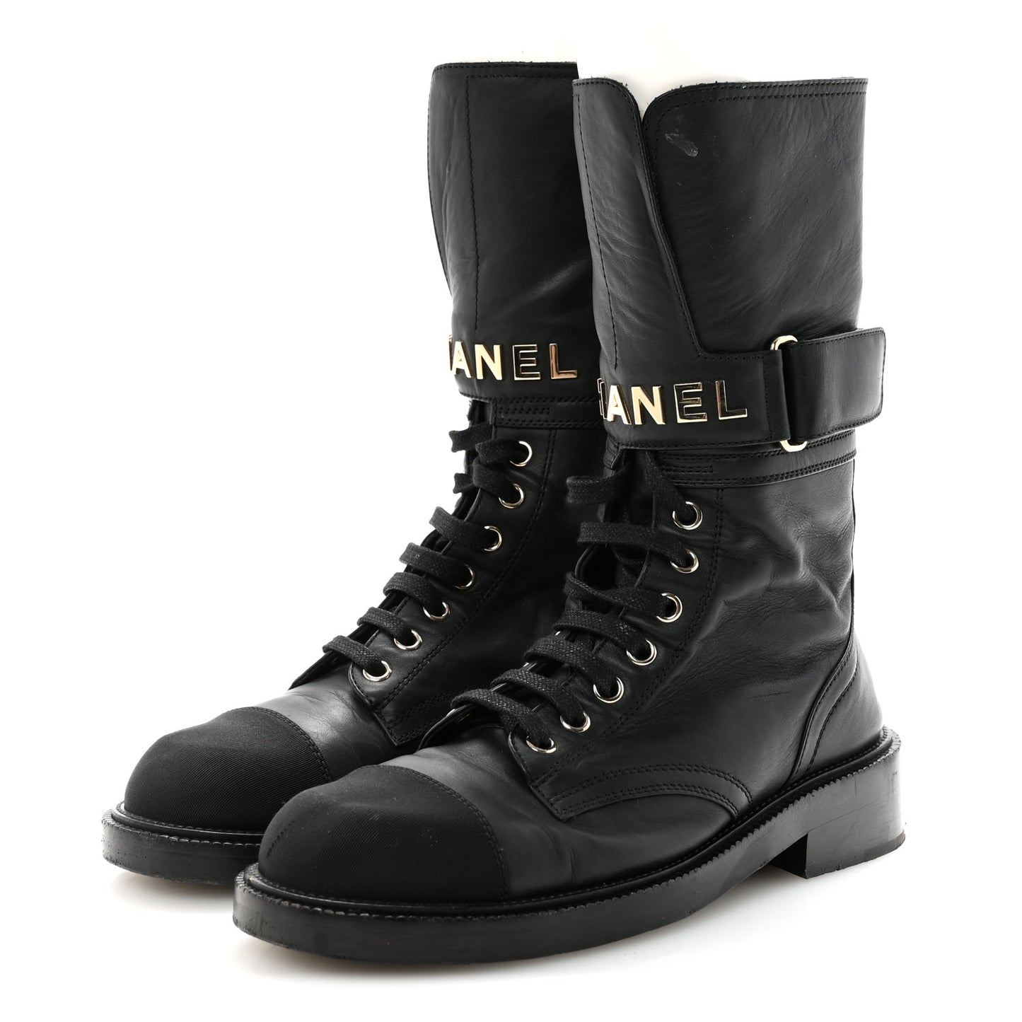 Shiny Calfskin Lace Up Combat Boots 37 Black