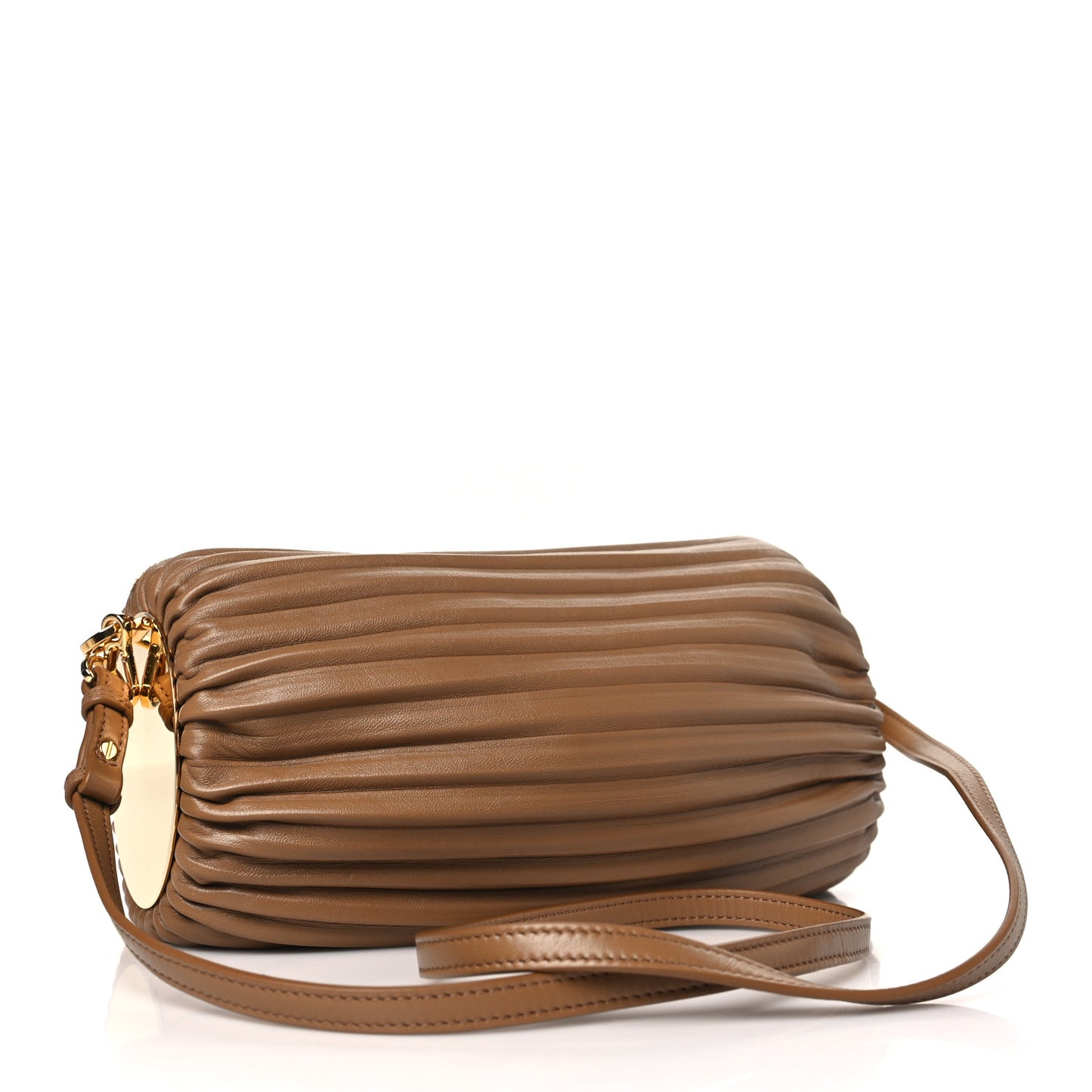 Lambskin Pleated Bracelet Pouch Shoulder Bag Brown