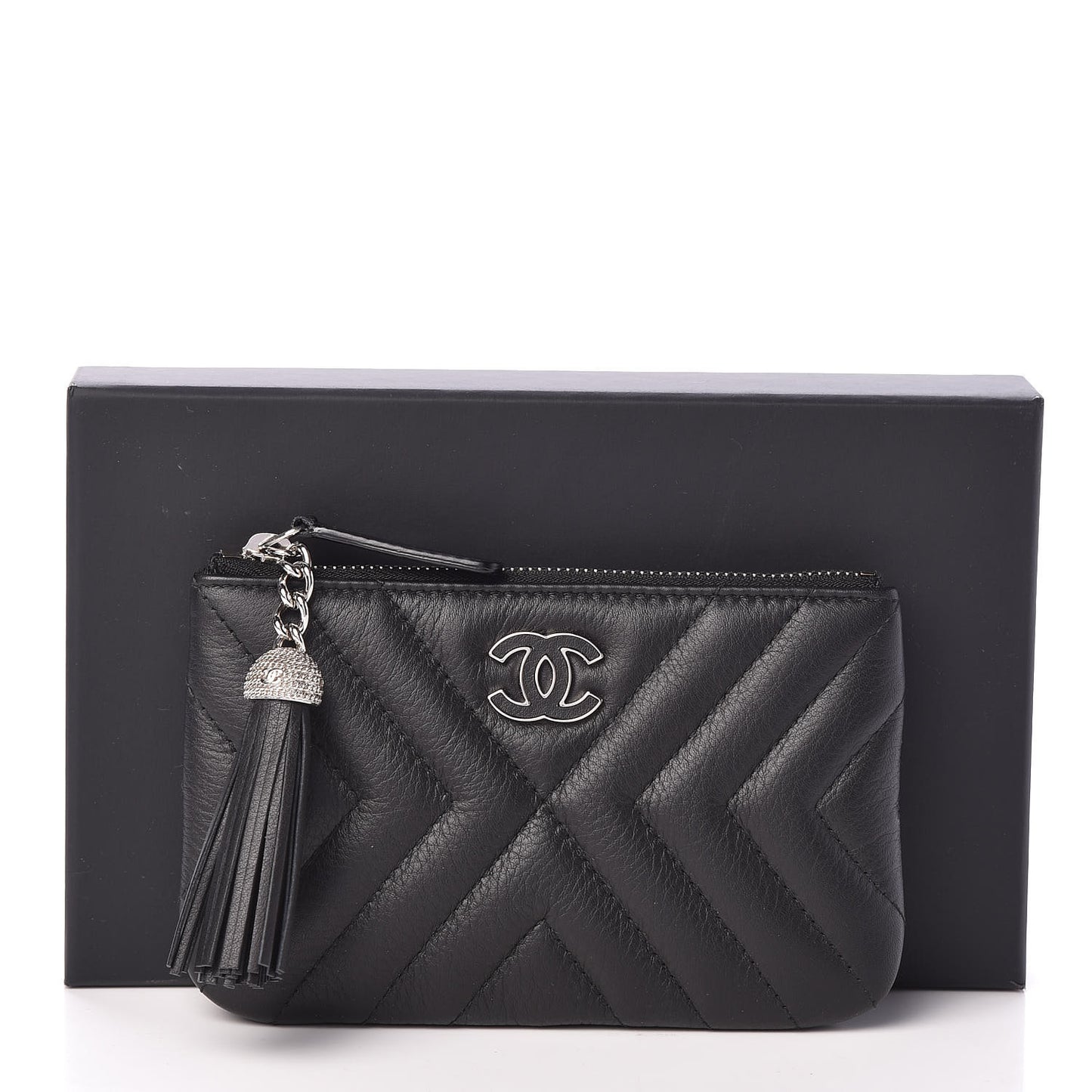 Calfskin Chevron Quilted Tassel Small Cosmetic Case Black