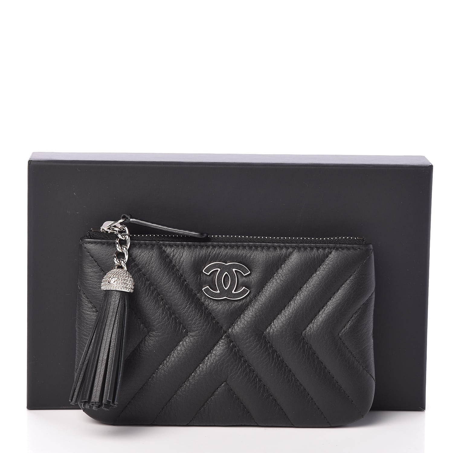 Chanel Calfskin Chevron Quilted Tassel Small Cosmetic Case Black 8 of 8