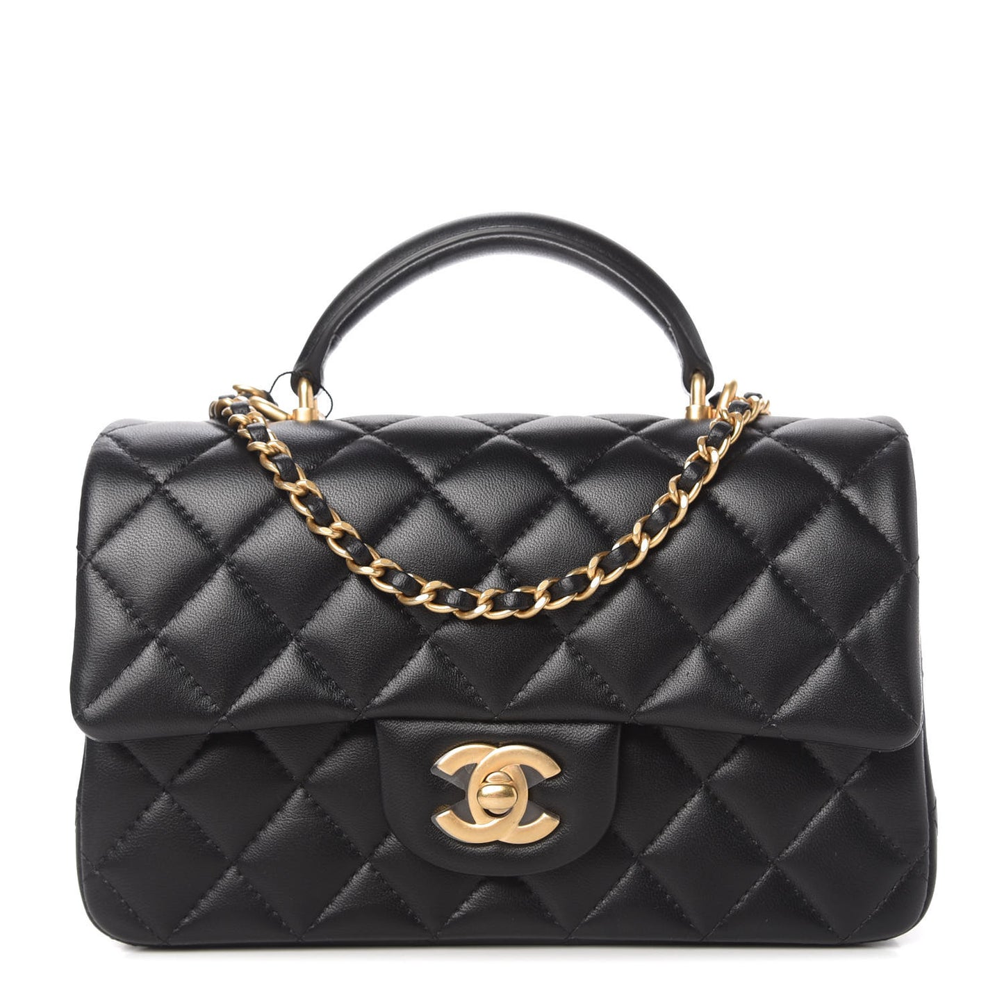 Lambskin Quilted Mini Top Handle Rectangular Flap Black