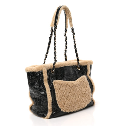 Chanel Shiny Crumpled Sheepskin Shearling CC Mania Tote Bag Black Beige 3 of 9