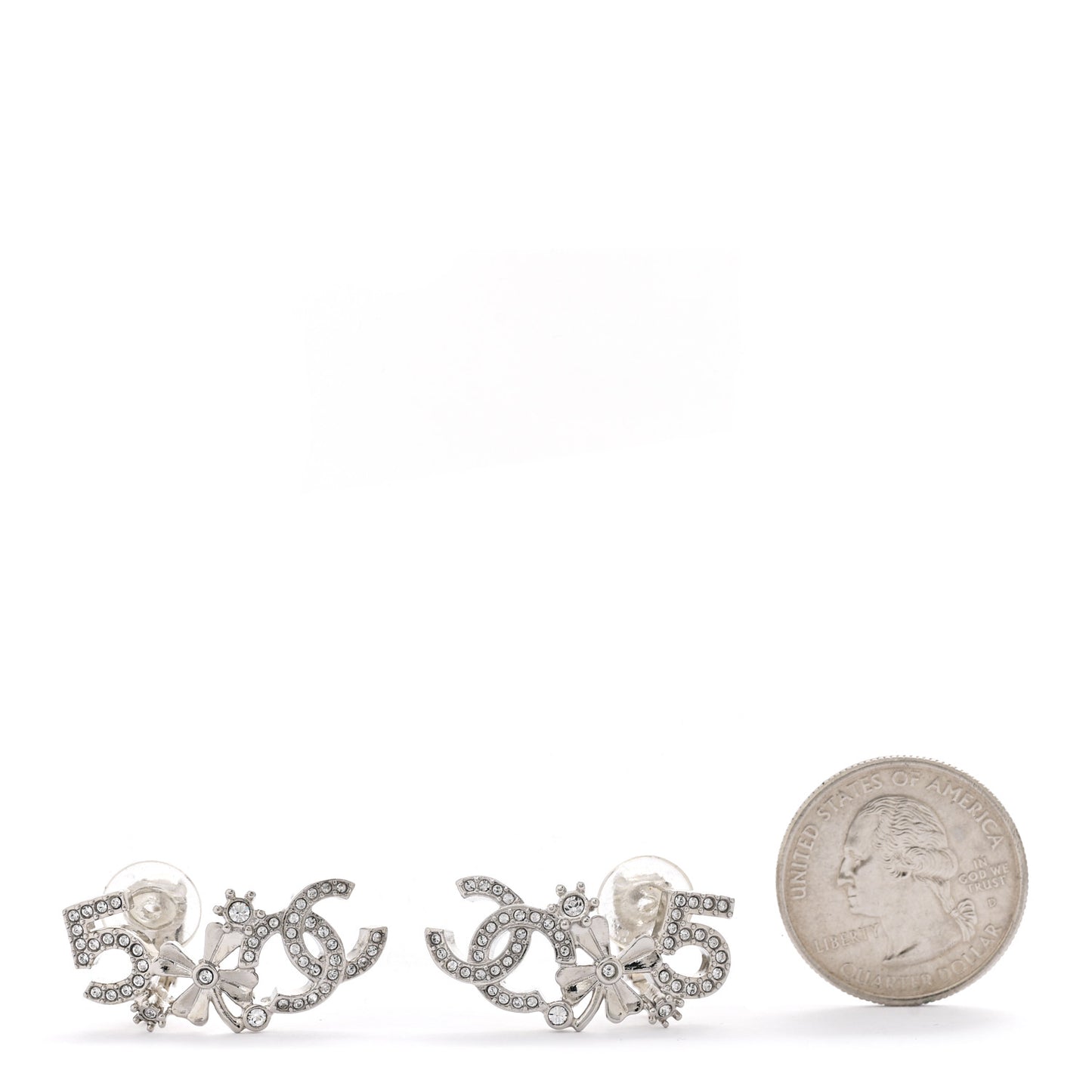 Metal Crystal No 5 Clover CC Clip On Drop Earrings Silver