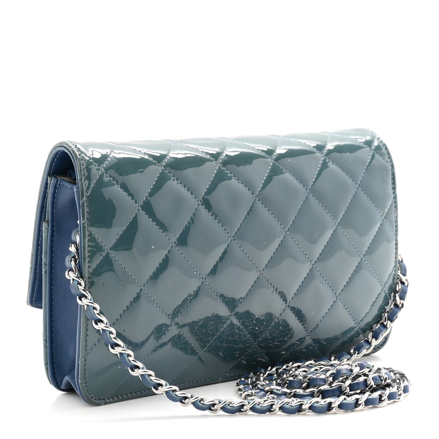 Patent Quilted Brilliant Wallet On Chain WOC Blue