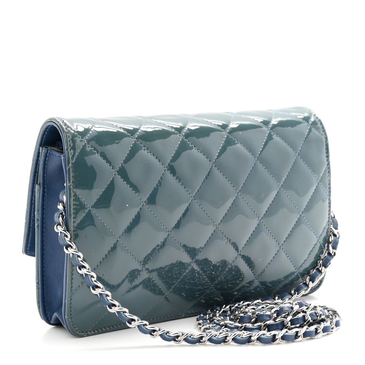 Chanel Patent Quilted Brilliant Wallet On Chain WOC Blue 3 of 12