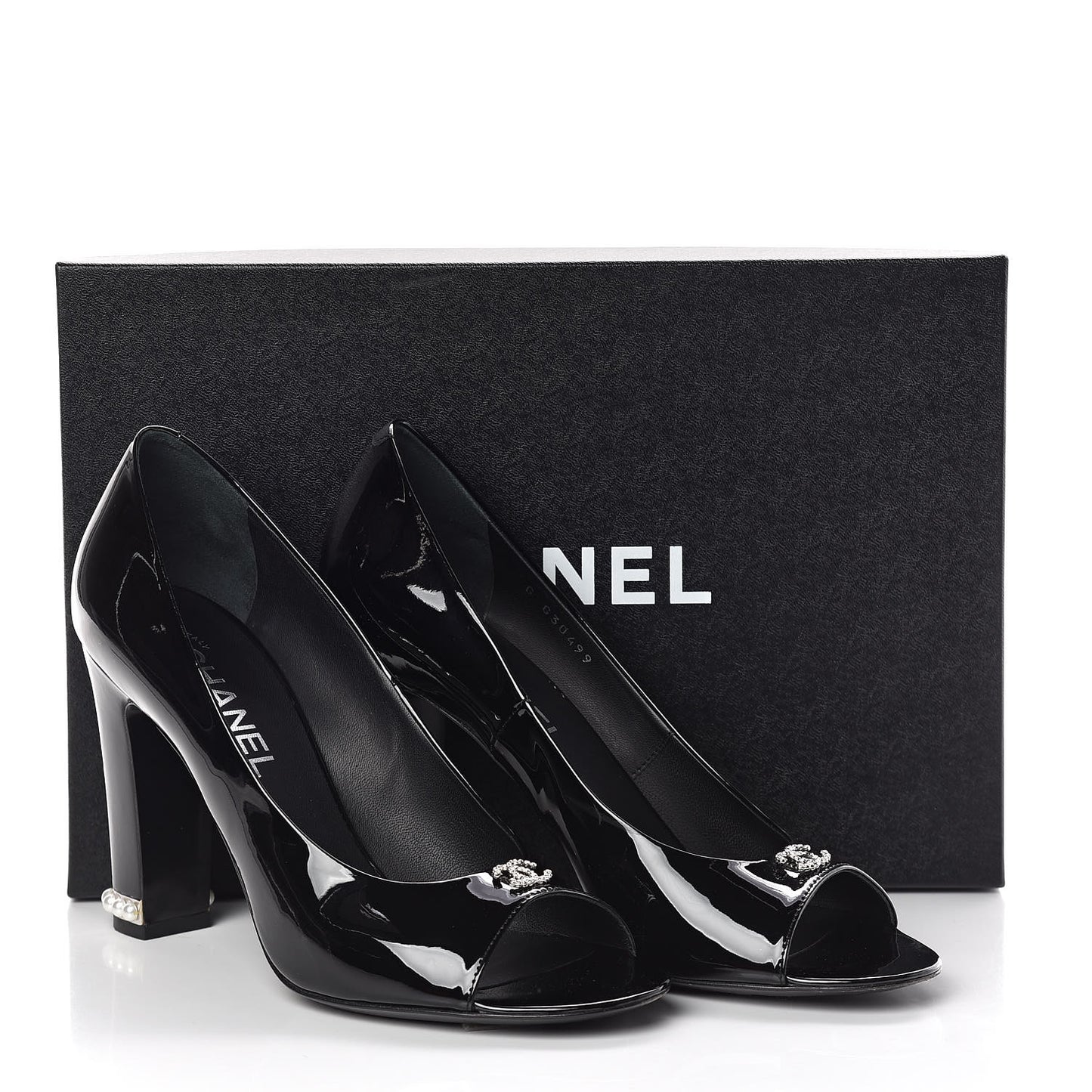 Patent Calfskin Pearl CC Open Toe Pumps 39.5 Black