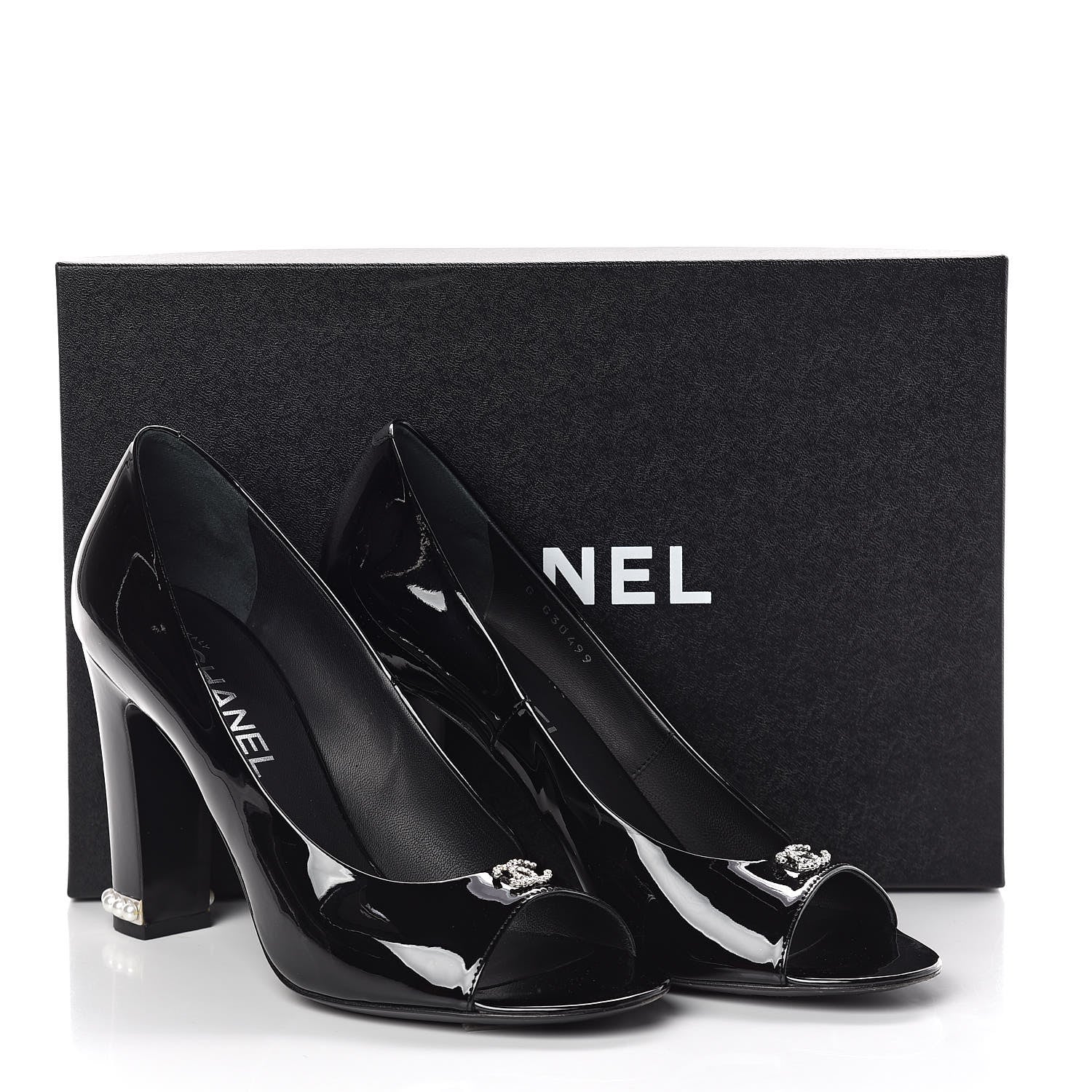 Chanel Patent Calfskin Pearl CC Open Toe Pumps 39.5 Black 8 of 8