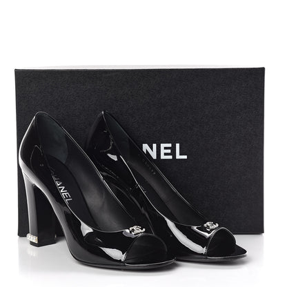 Chanel Patent Calfskin Pearl CC Open Toe Pumps 39.5 Black 8 of 8