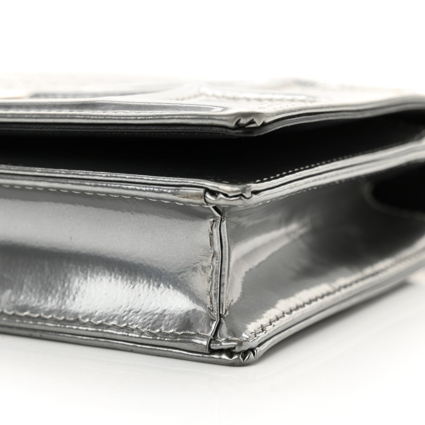 Metallic Patent Micro-Cannage Diorama Wallet on Chain Pouch Silver