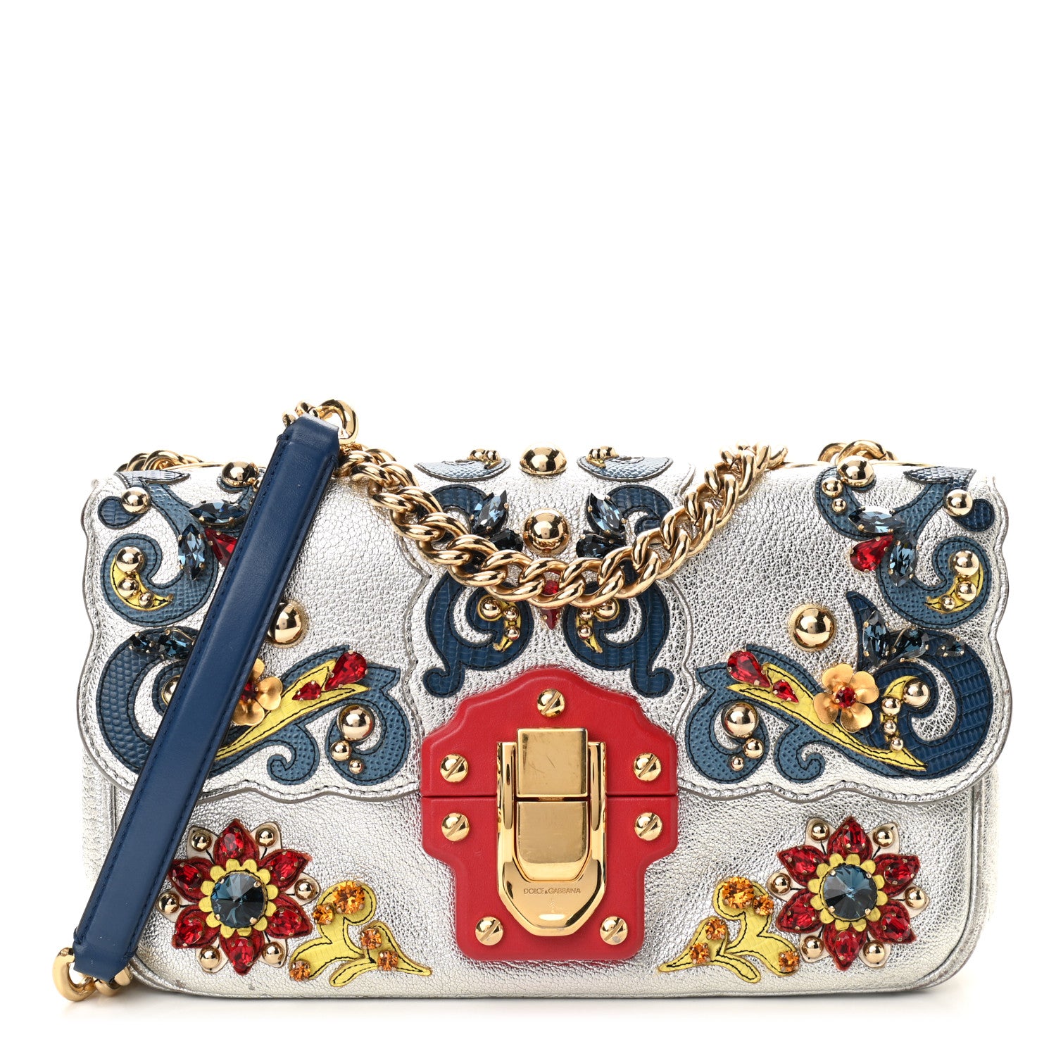 Dolce & Gabbana Metallic Calfskin Crystal Embellished Lucia Shoulder Bag Silver Multicolor 1 of 10