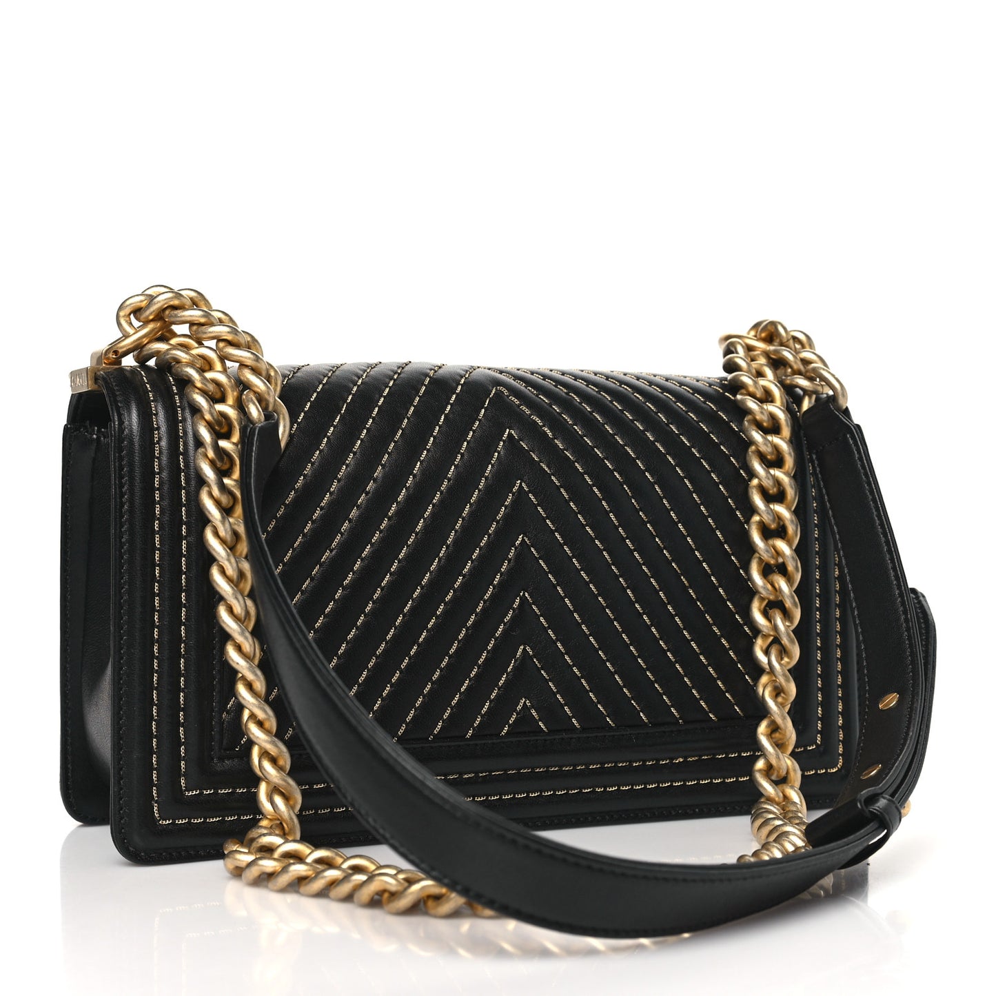 Lambskin Chevron Chain Stitched Medium Boy Flap Black