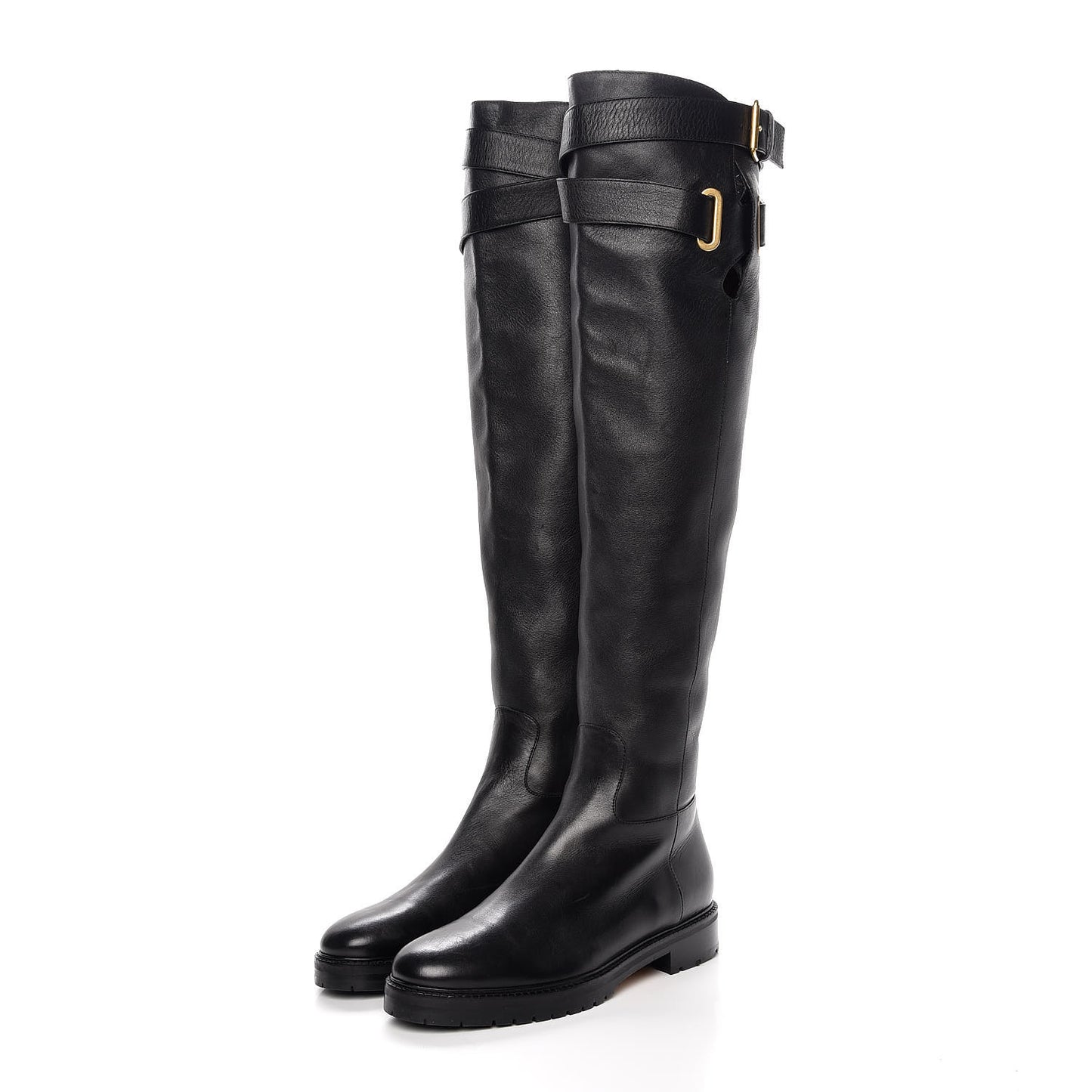 Calfskin Knee High Buckle Boots 41 Black
