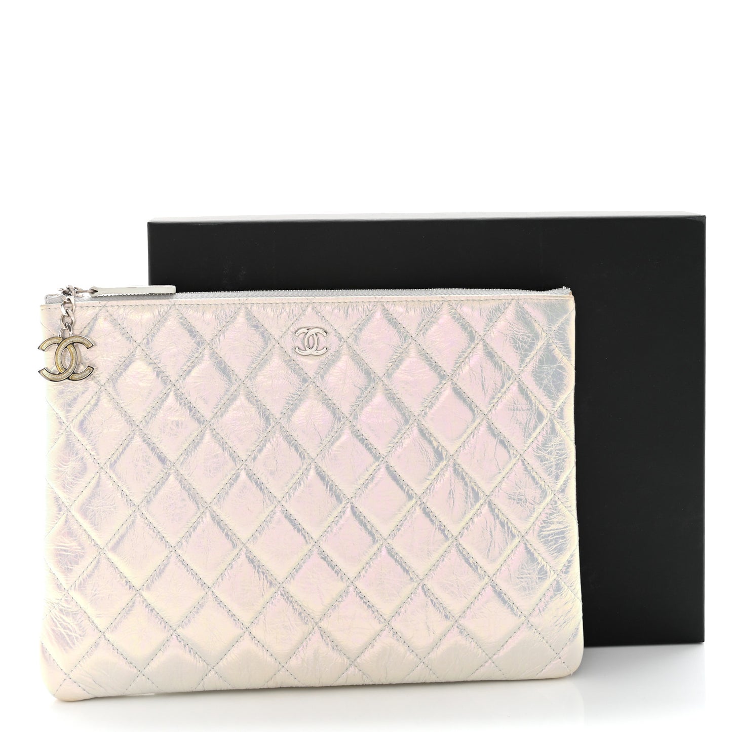 Iridescent Crumpled Calfskin CC Ripples Medium Cosmetic Case White