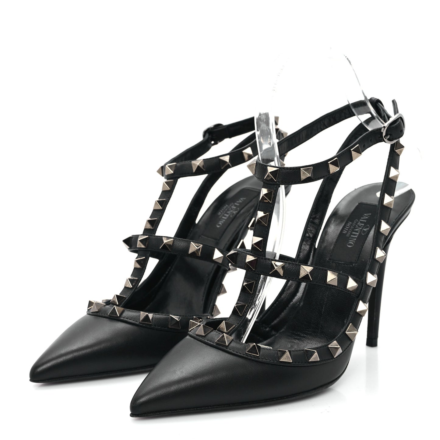 Calfskin Nappa Rockstud Ankle Strap 100mm Pumps 37 Black