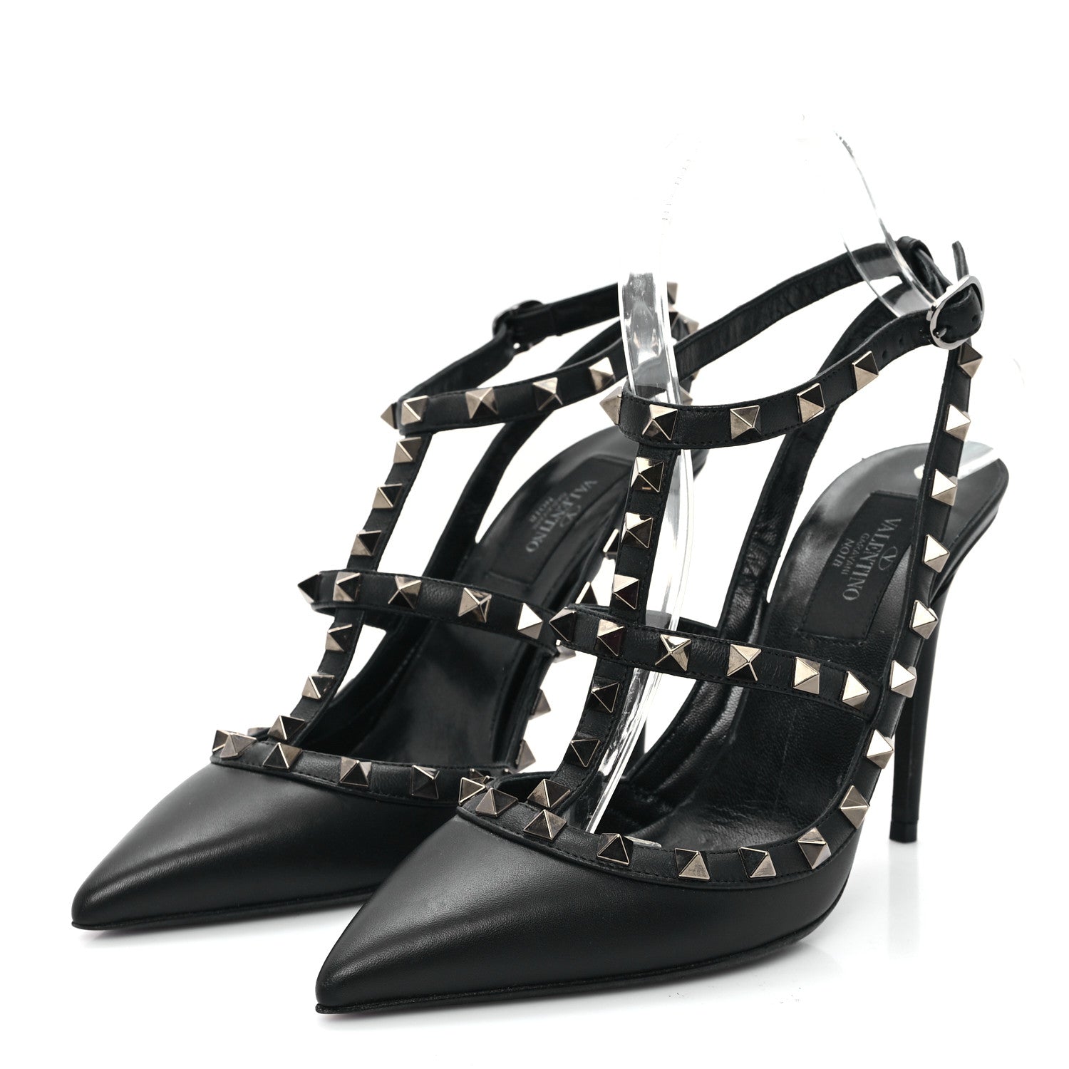 Valentino Garavani Calfskin Nappa Rockstud Ankle Strap 100mm Pumps 37 Black 4 of 9