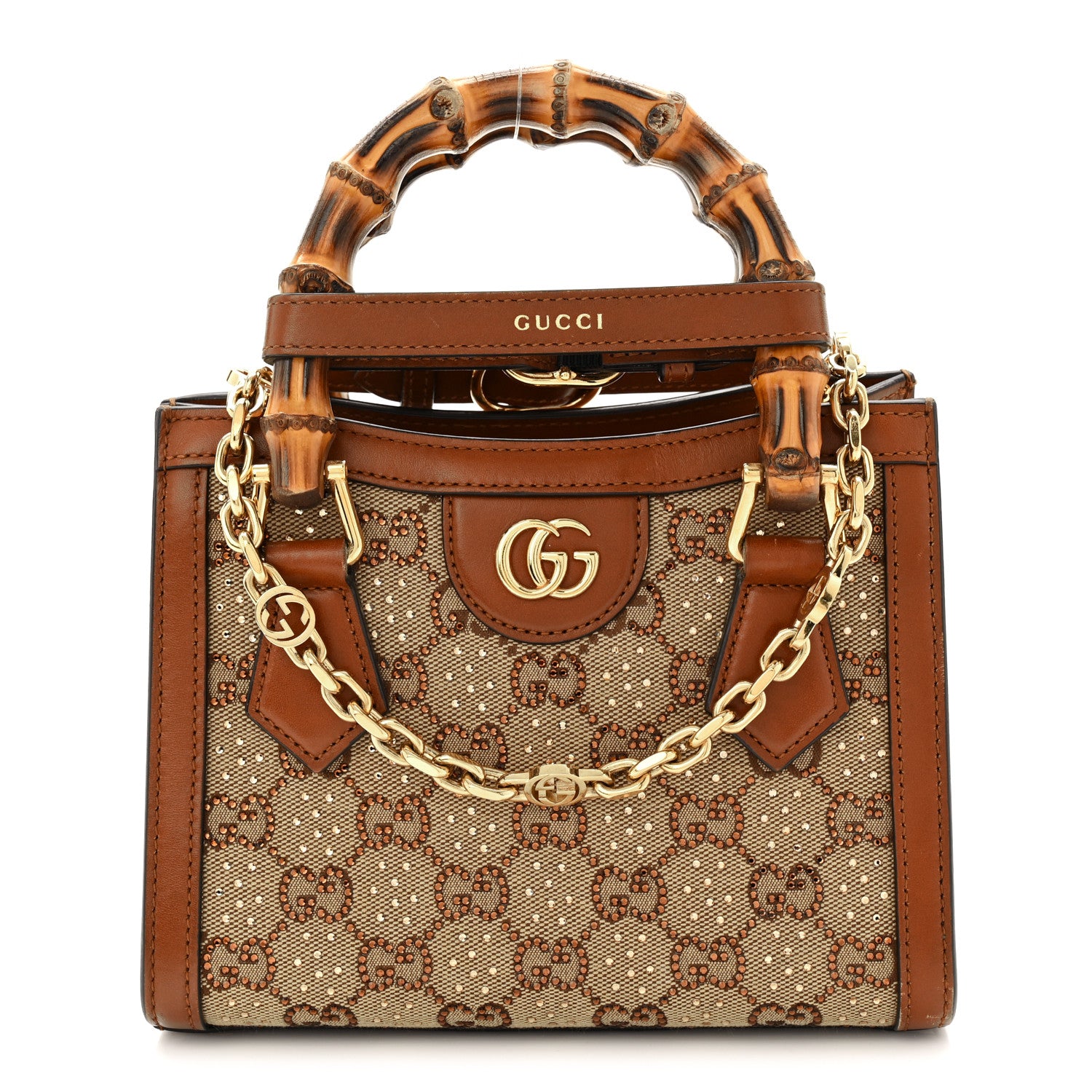 Gucci New Canvas Charisma Calfskin Crystal GG Monogram Mini Diana Tote Bag Camel Ebony 1 of 13