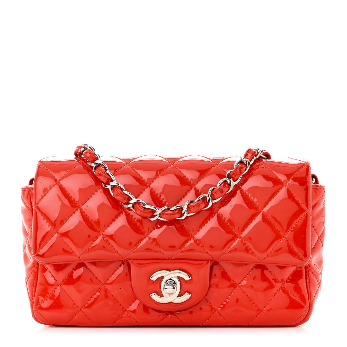 Patent Calfskin Quilted Mini Rectangular Flap Red