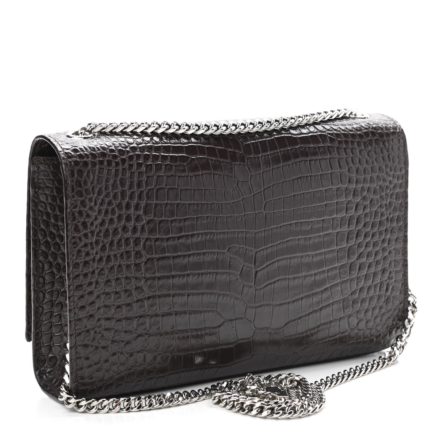 Calfskin Crocodile Embossed Medium Classic Monogram Kate Tassel Satchel Dark Brown