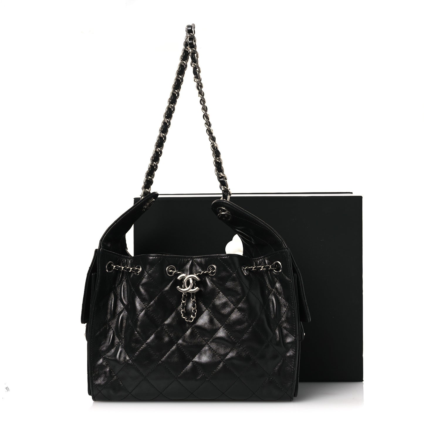 Shiny Crumpled Calfskin Quilted Small Chanel 25 Handbag Black