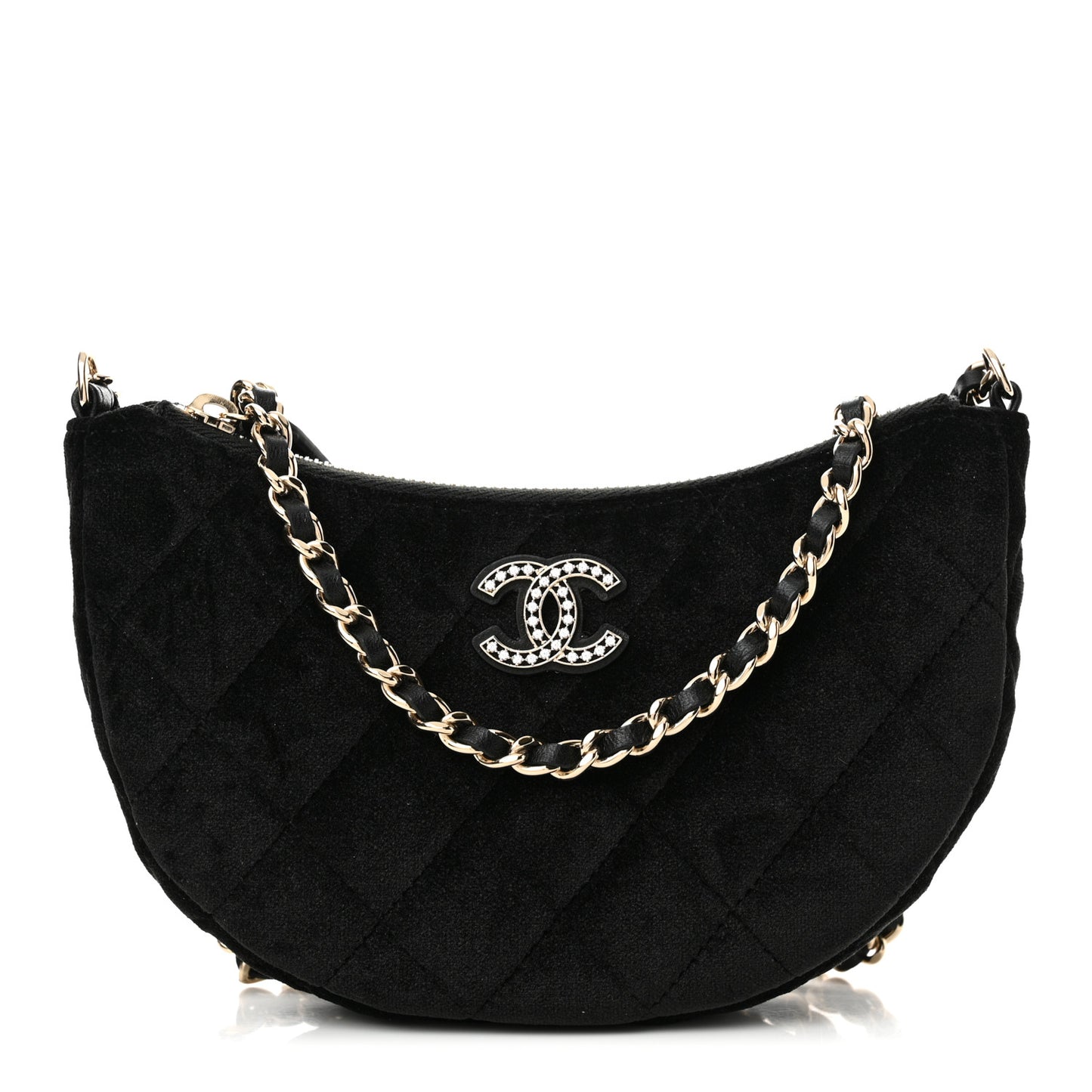 Velvet Crystal Quilted Chain Hobo Black