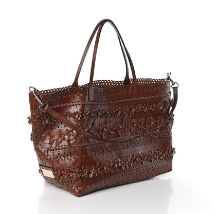 Valentino Garavani Calfskin Punched Lace Floral Tote Cognac 4 of 10