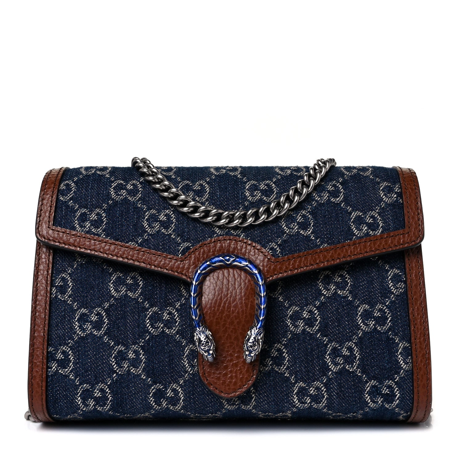 Gucci New Denim GG Monogram Dollar Calfskin Enamel Mini Dionysus Chain Wallet Blue Tea Cuir Epilog Electric Blue 1 of 8