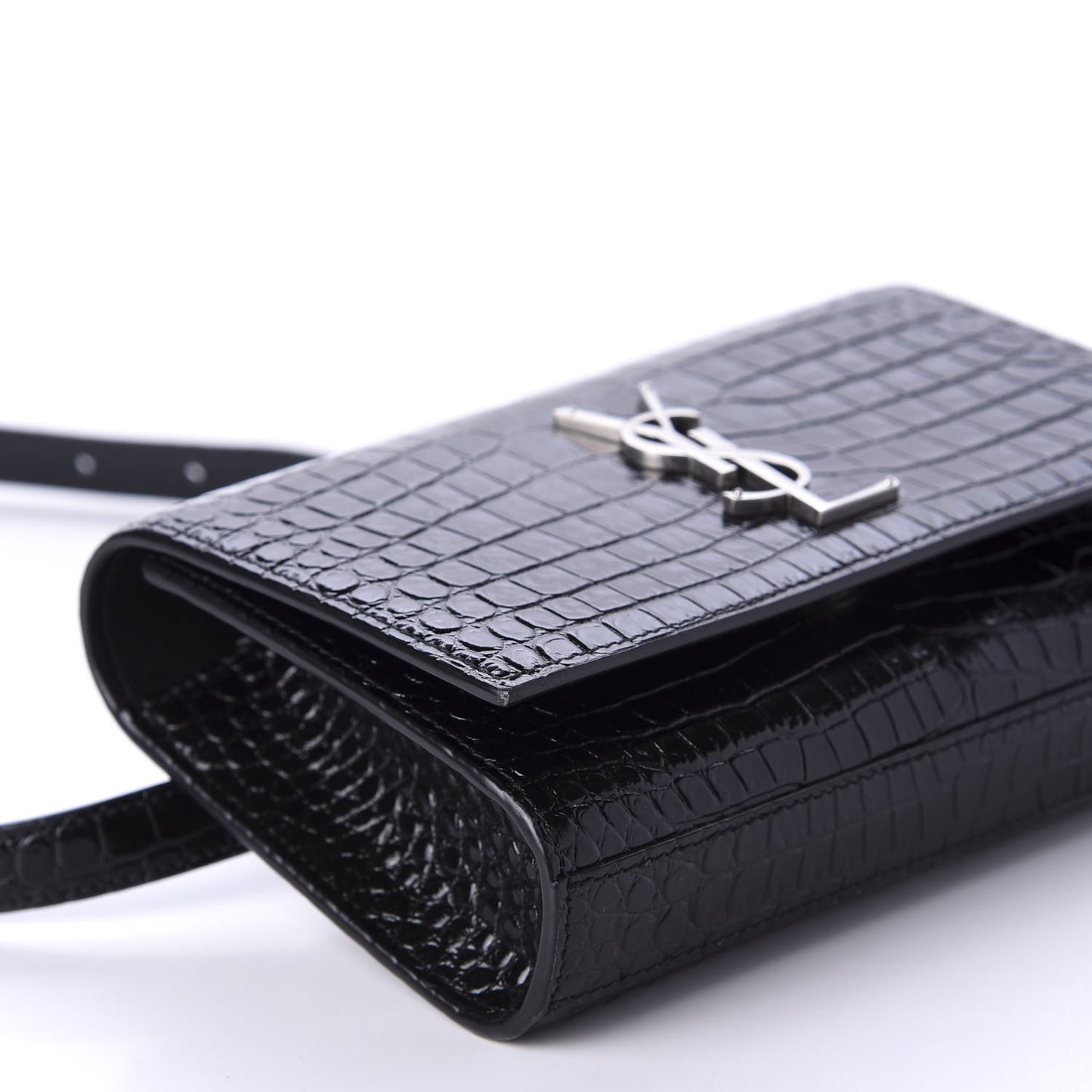 Calfskin Crocodile Embossed Monogram Kate Belt Bag Black