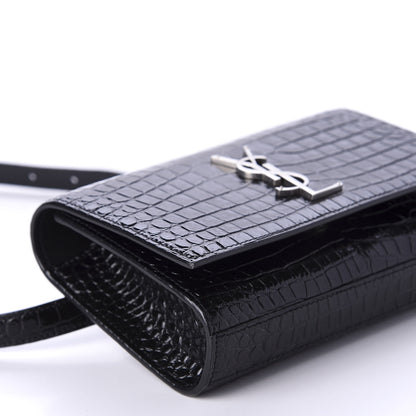 Saint Laurent Calfskin Crocodile Embossed Monogram Kate Belt Bag Black 6 of 10