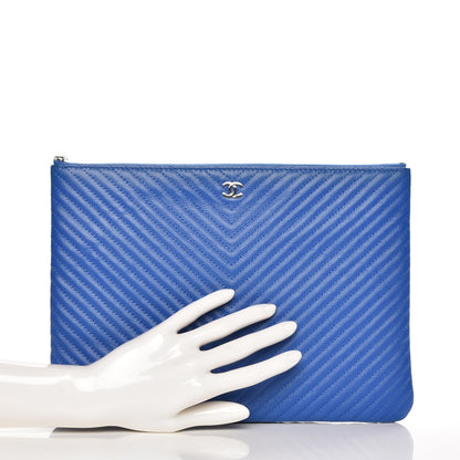 Chanel Caviar Chevron Quilted Medium Cosmetic Case Blue 2 of 8