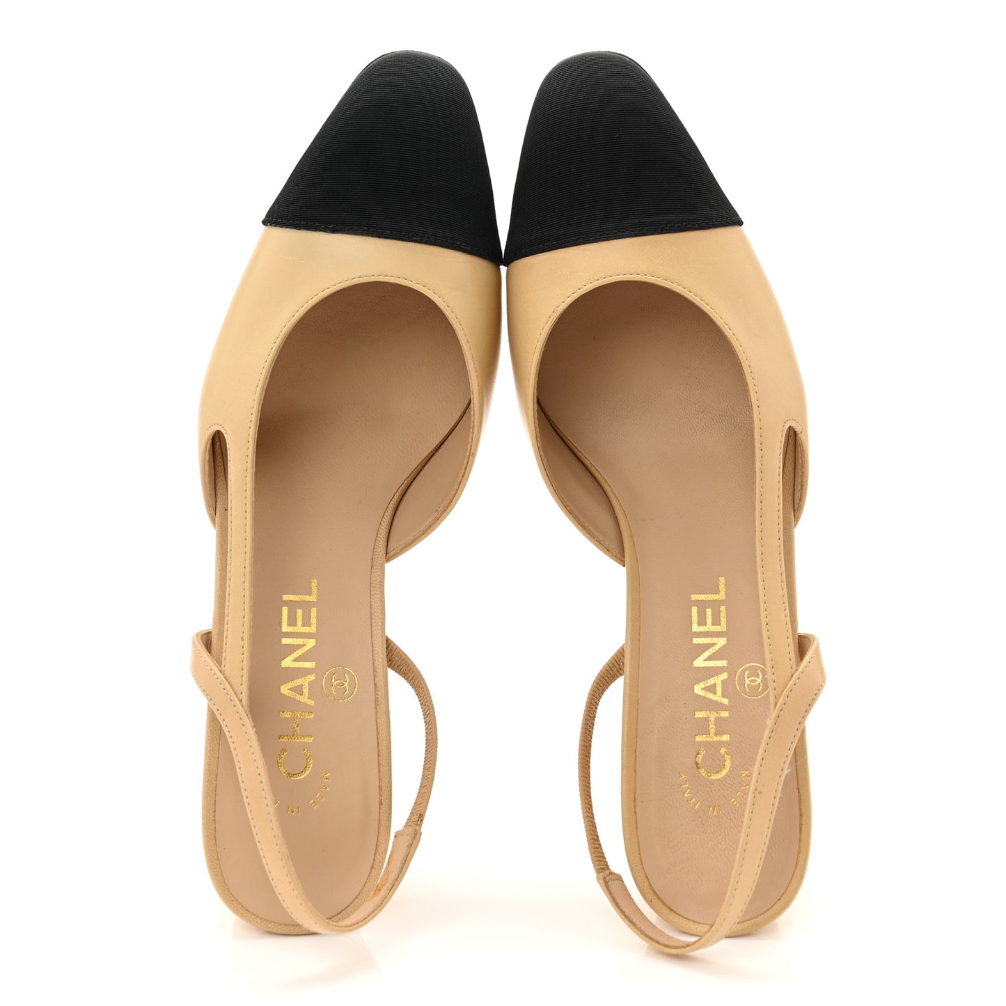 Goatskin Grosgrain Cap Toe CC Slingback Pumps 37 Beige Black