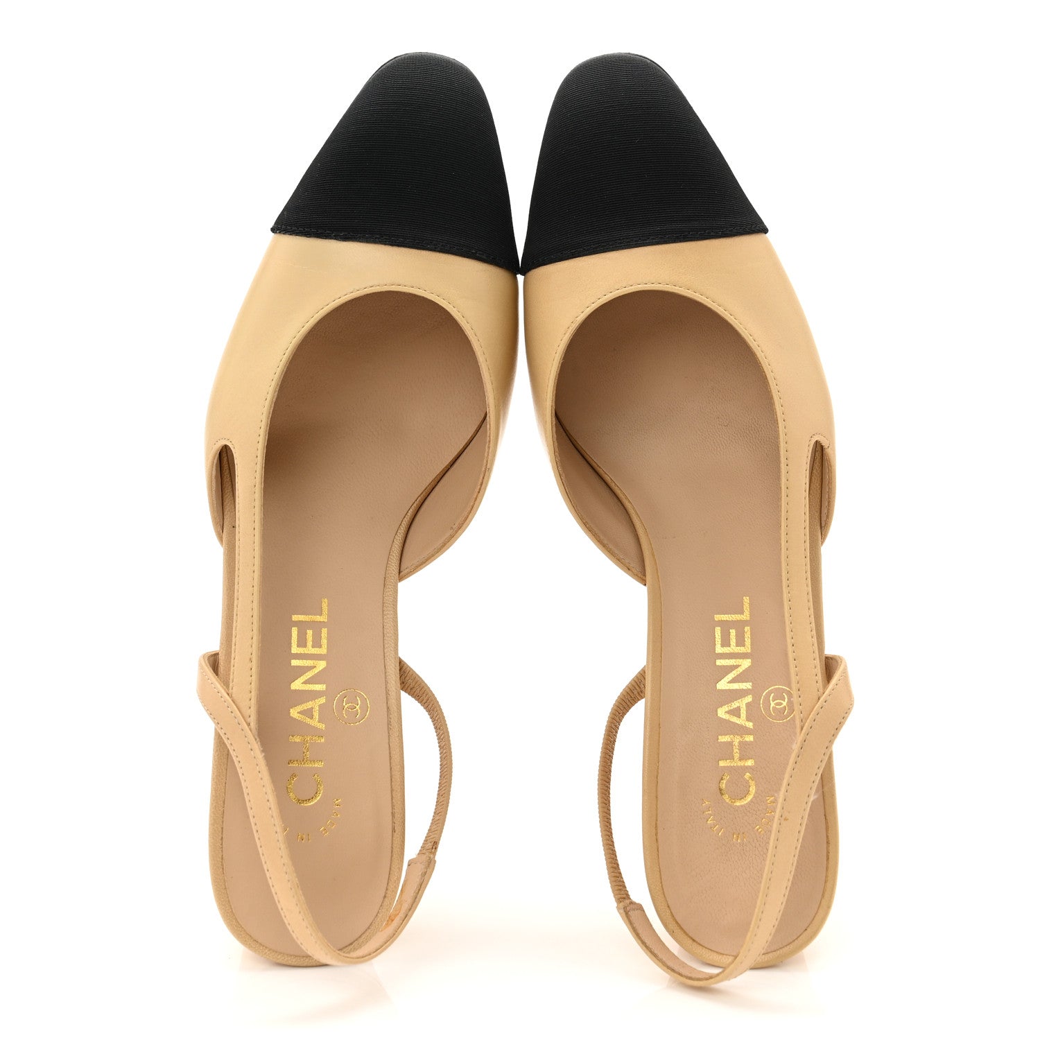 Chanel Goatskin Grosgrain Cap Toe CC Slingback Pumps 37 Beige Black 5 of 11