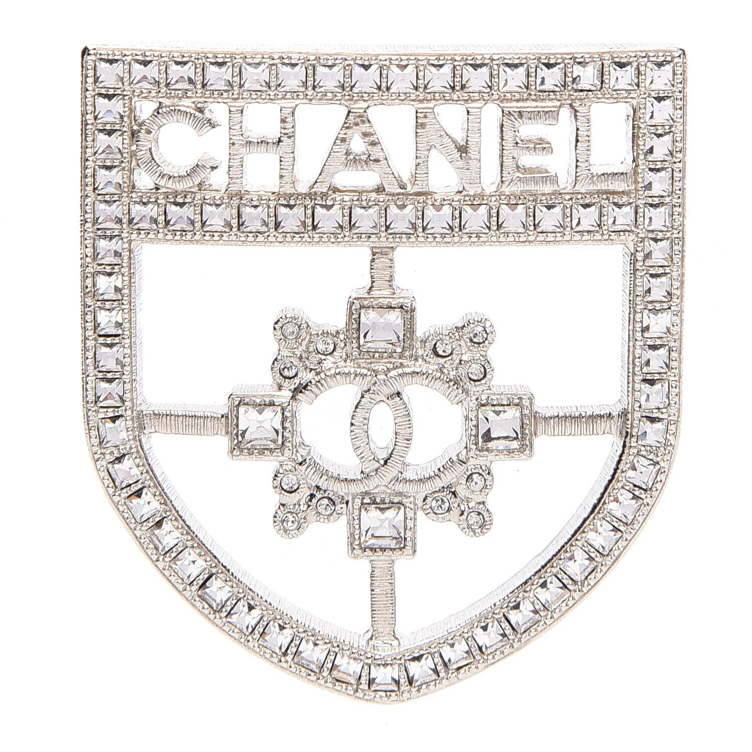 Chanel Swarovski Baguette Crystal CC Shield Brooch Silver 1 of 3