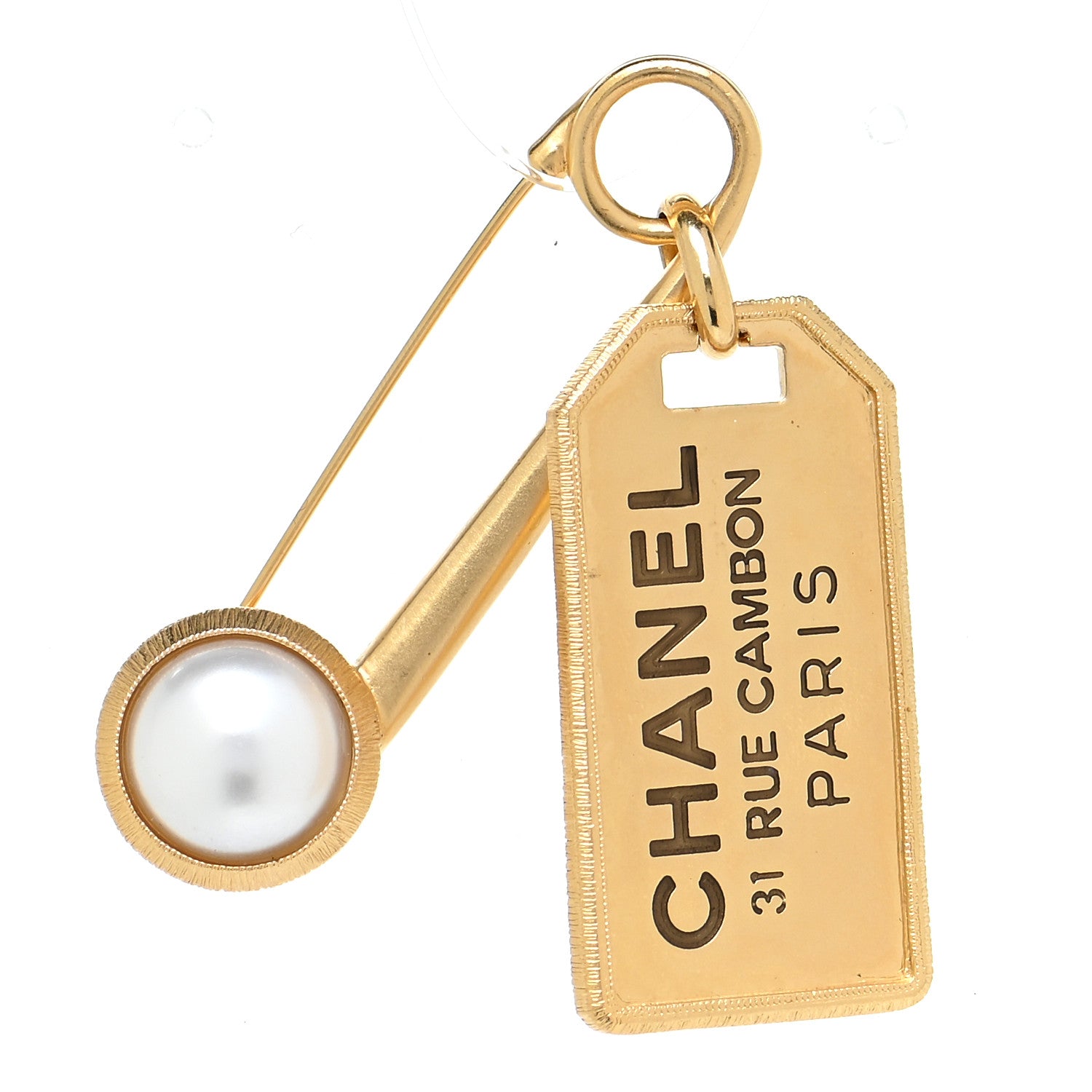 Chanel Pearl CC Tag Safety Pin Brooch Gold 1 of 4