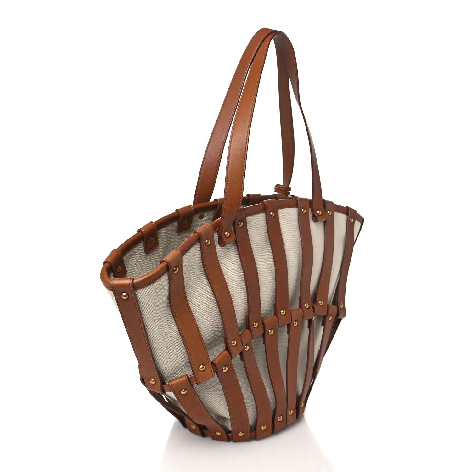 Saint Laurent Calfskin Canvas Beatrix Panier Cut Out Tote Grege Brick 3 of 9