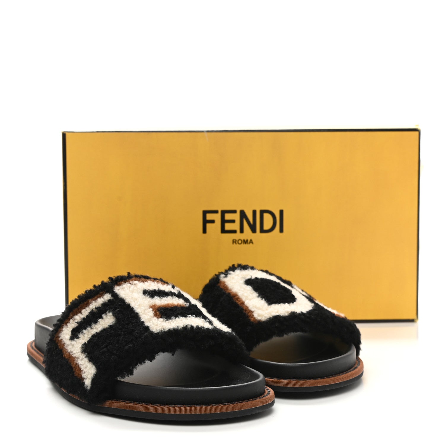 Fendi Shearling Logo Slide Sandals 38 Black Latte Brownie 9 of 9