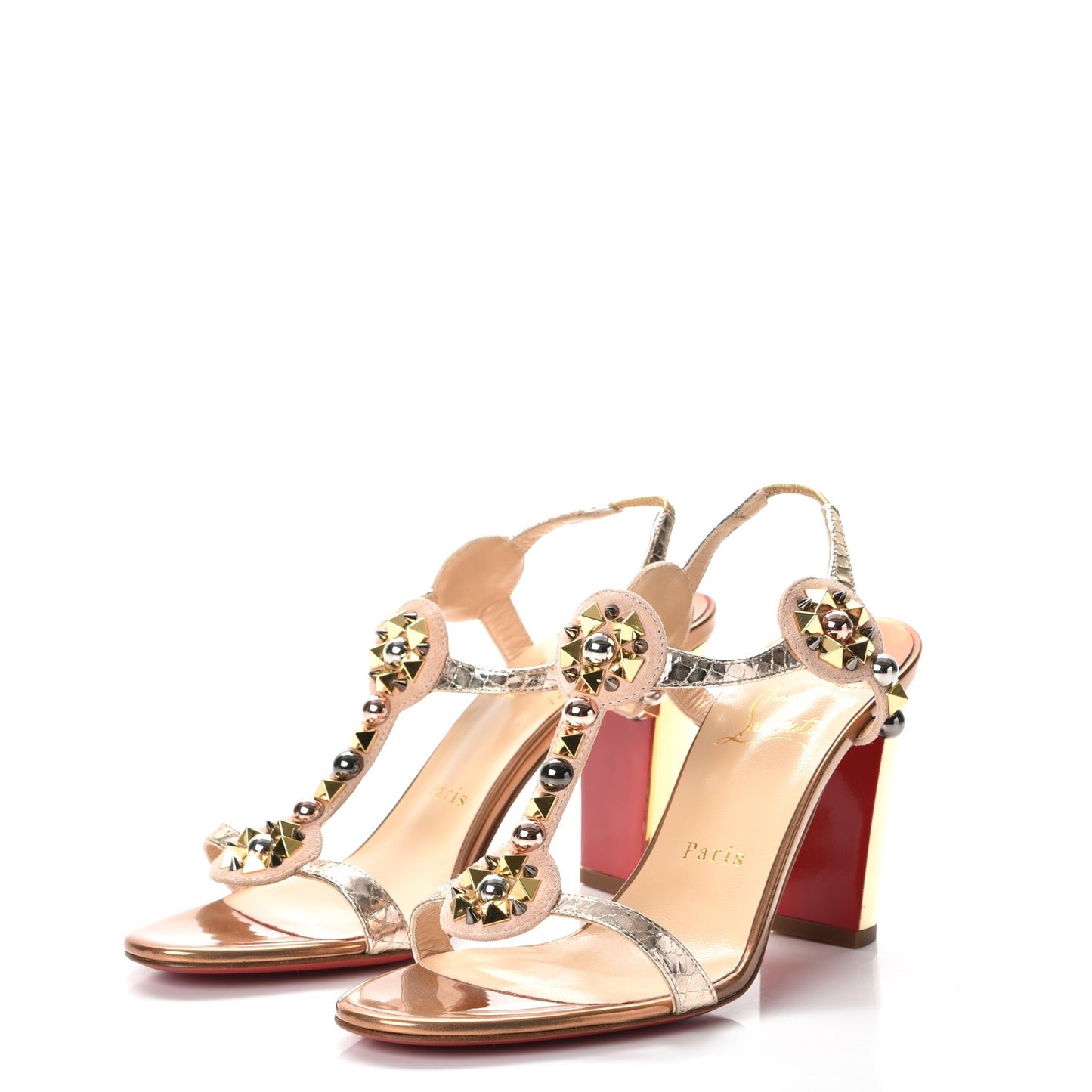 Studded Lame Metallic Patent Kaleitop 85 T-Strap Sandals 38.5 Doudou