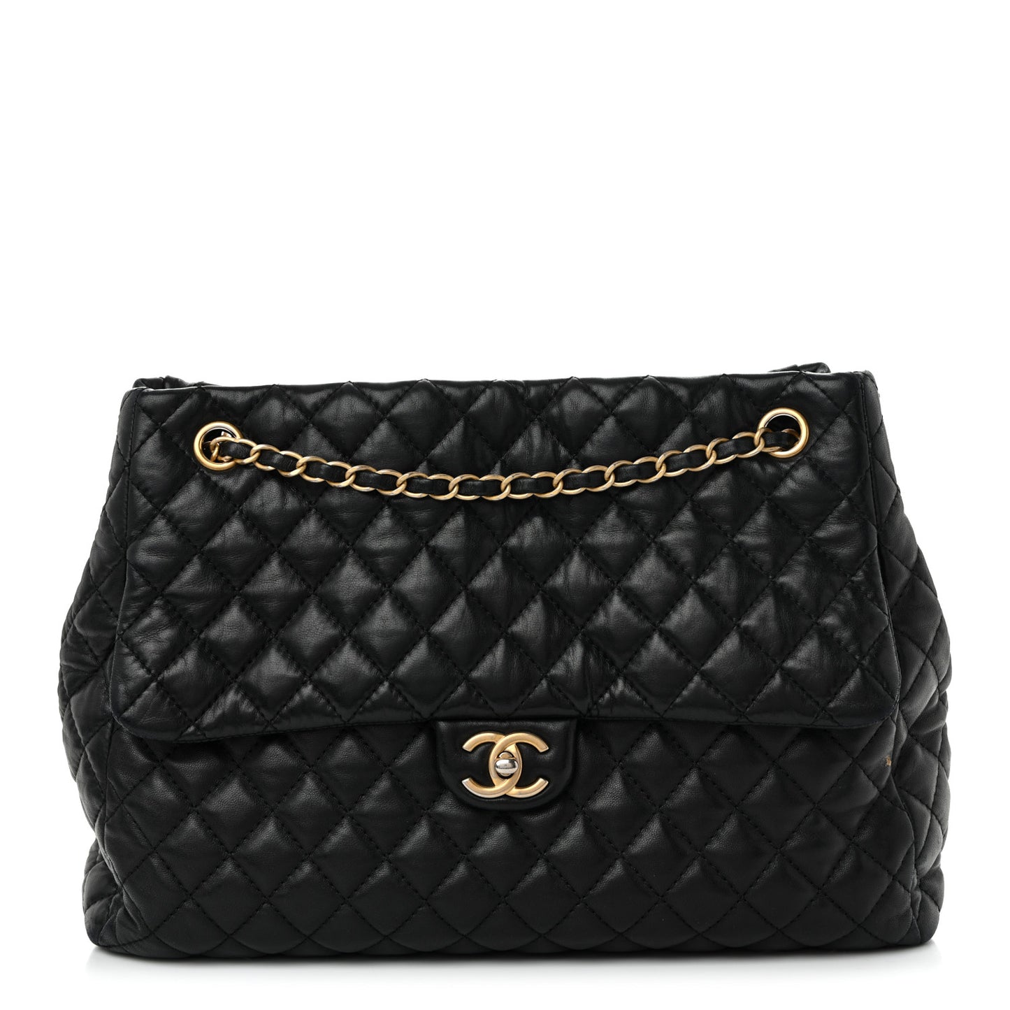 Lambskin Quilted Large Fluffy CC Shopping Tote Black