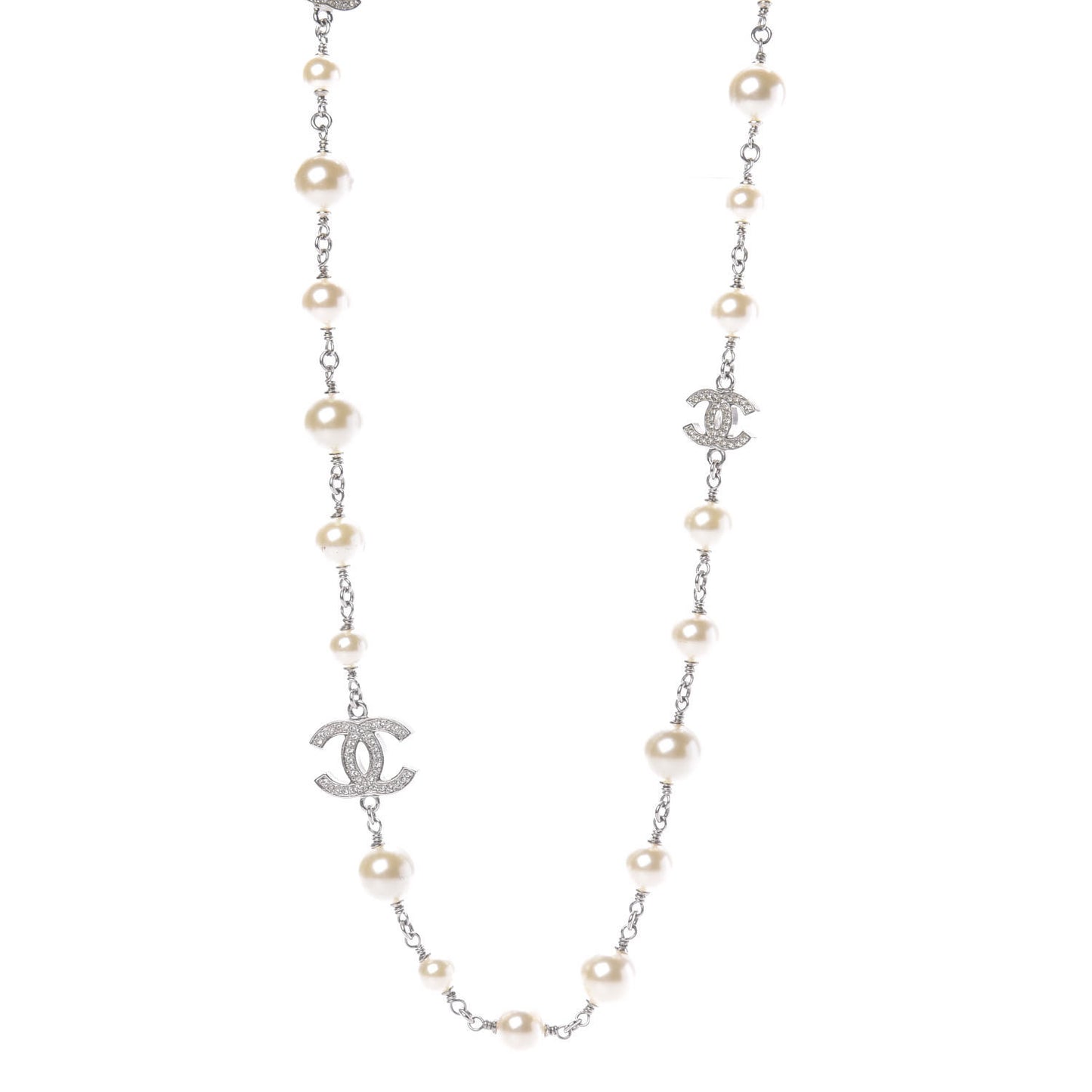 Crystal Pearl CC Long Necklace Silver